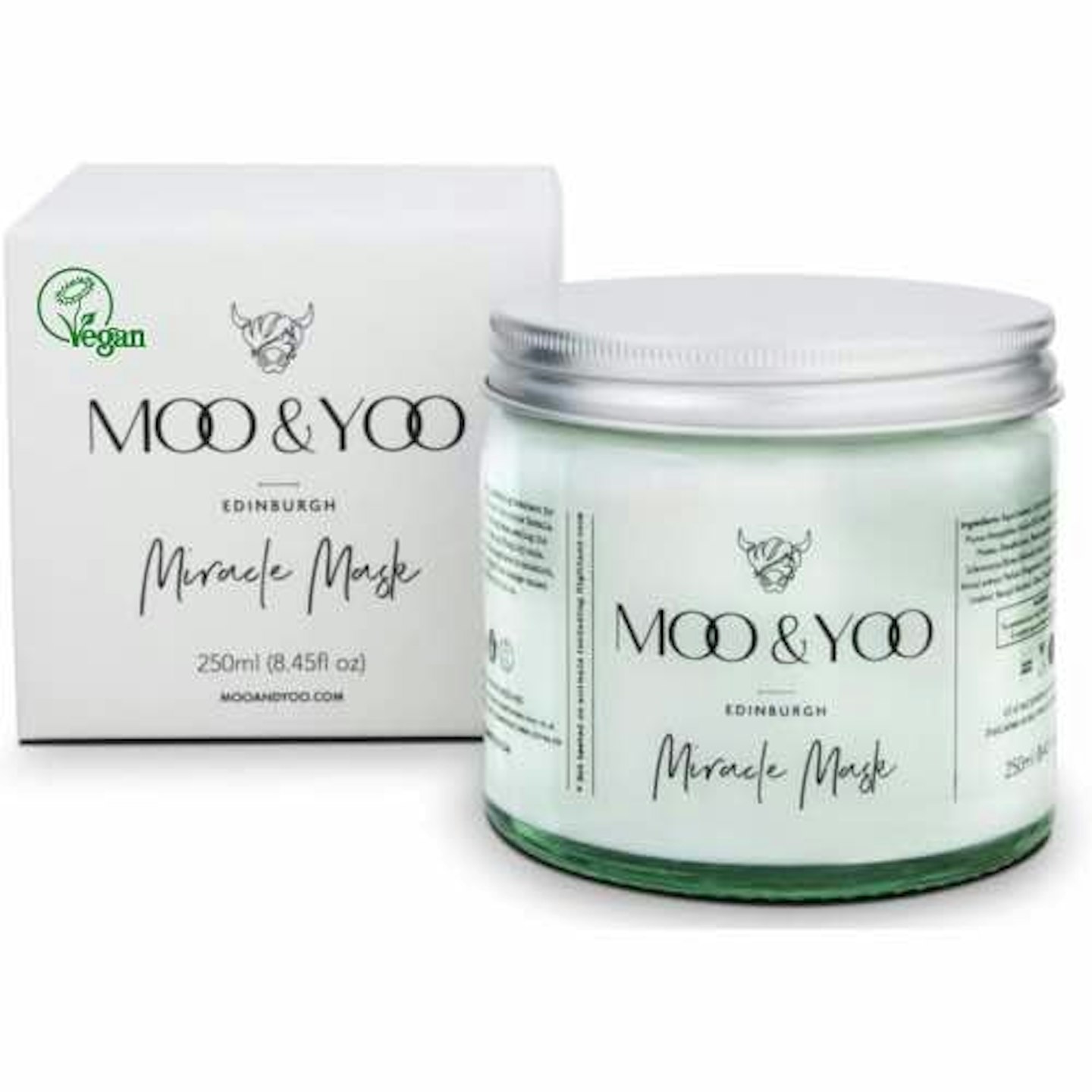 Moo and Yoo hair mask in glass jar and box 