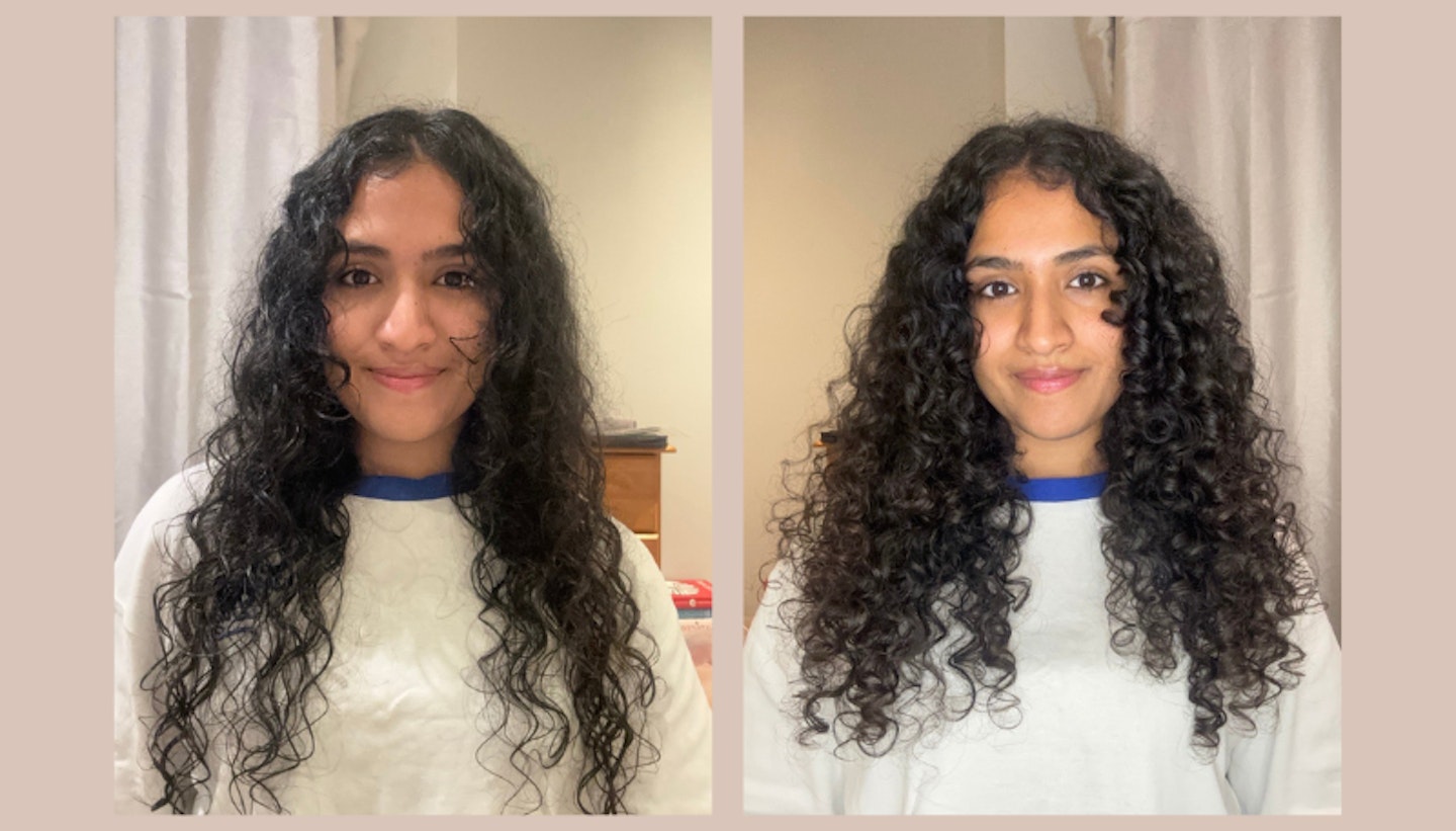 Tester before and after using diffuser for curly hair