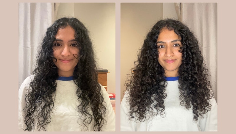 Tester before and after using diffuser for curly hair