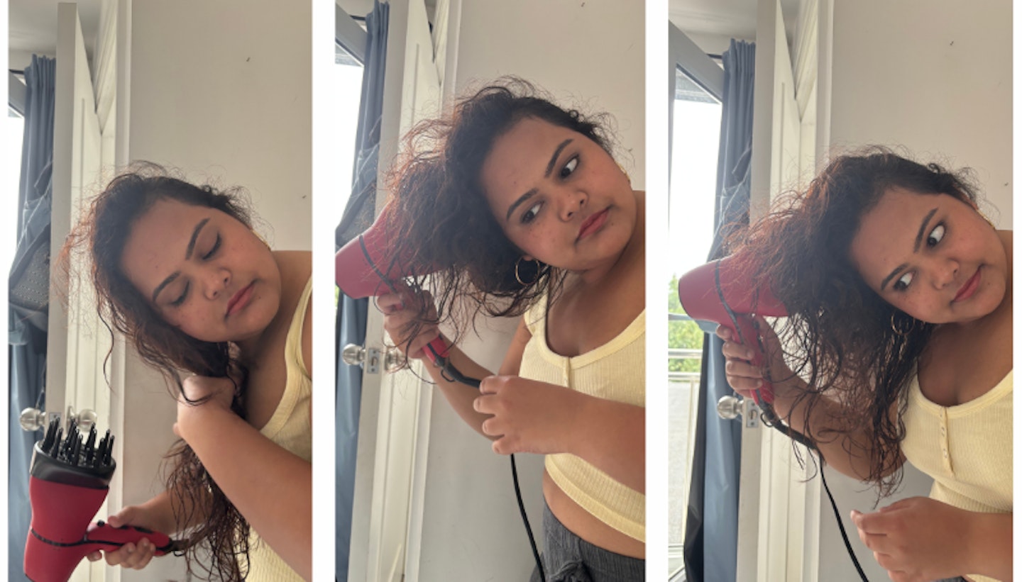 Tester using a diffuser for curly hair