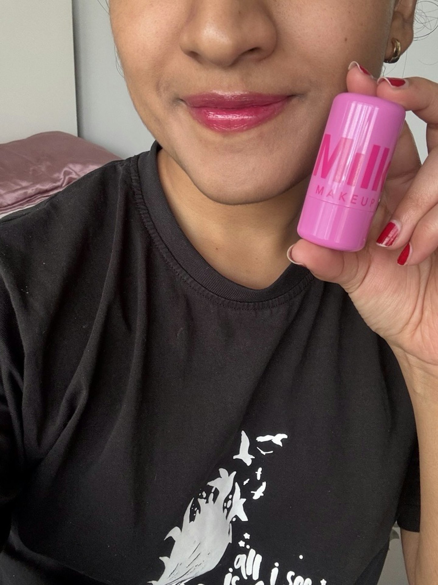 Tester after using the MILK MAKEUP Cooling Water Jelly Tint - Lip + Cheek Blush Stain