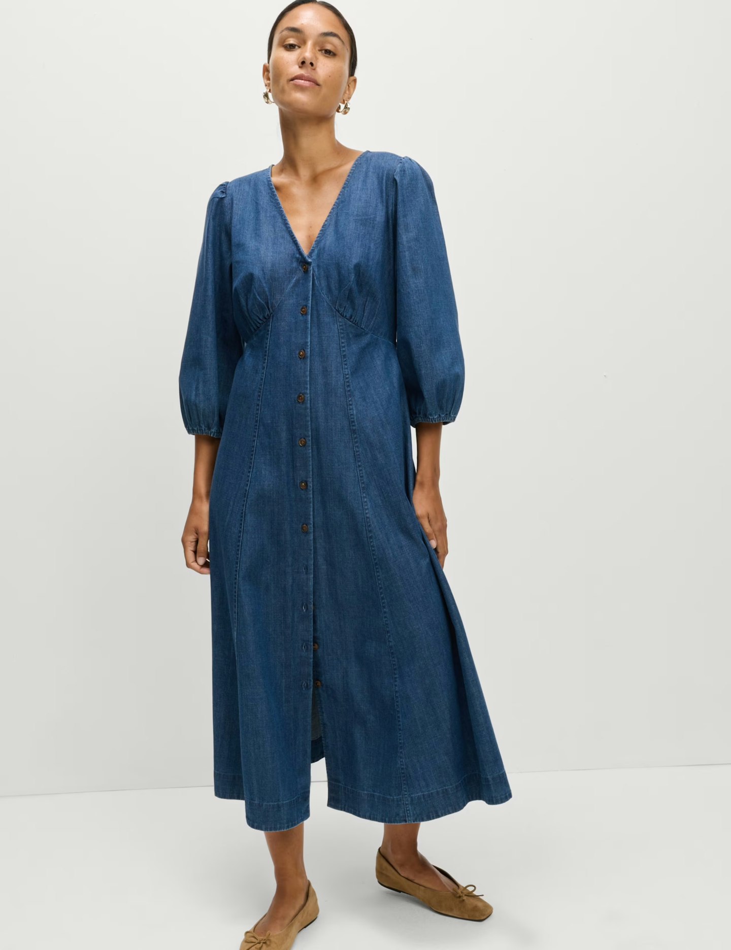 Image of the M&S Denim V-Neck Tie Waist Midi Tea Dress