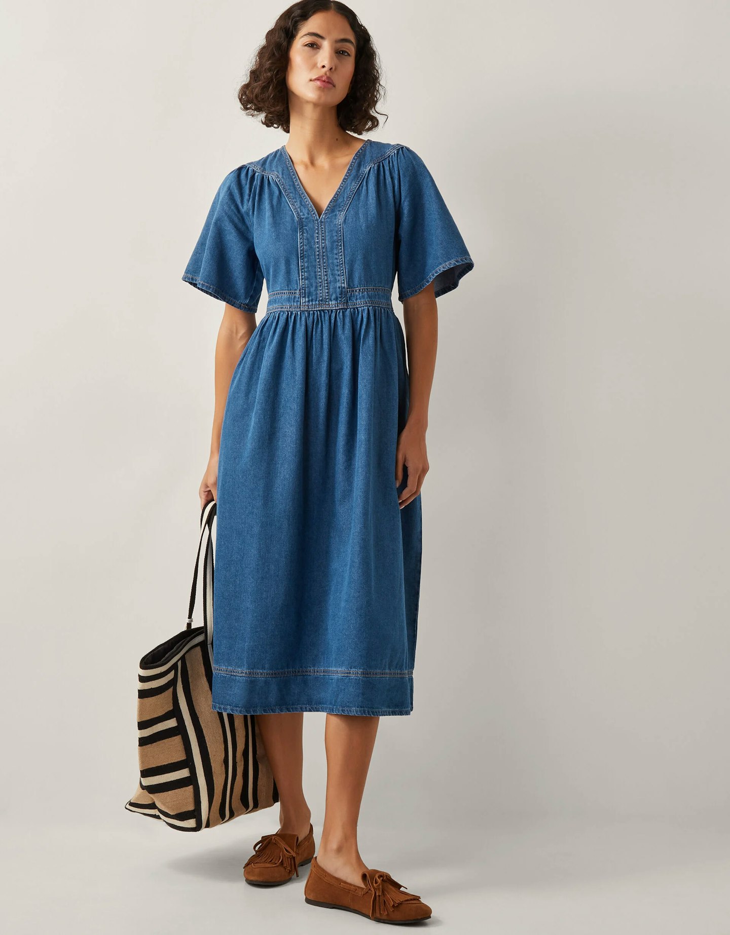 Image of the Monsoon Lydia short sleeve denim midi dress blue