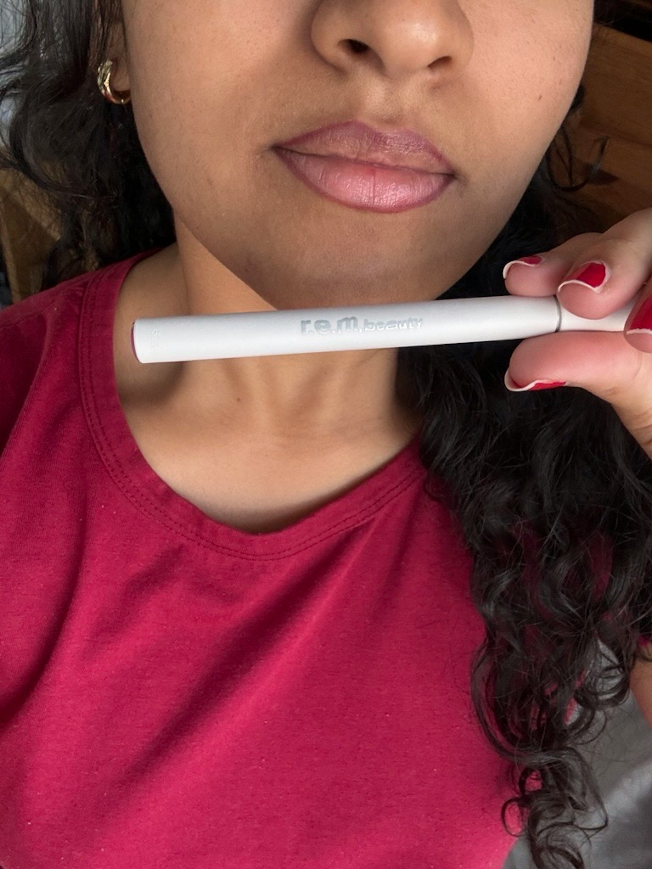 Tester after using the REM BEAUTY Practically Permanent Lip Stain Marker