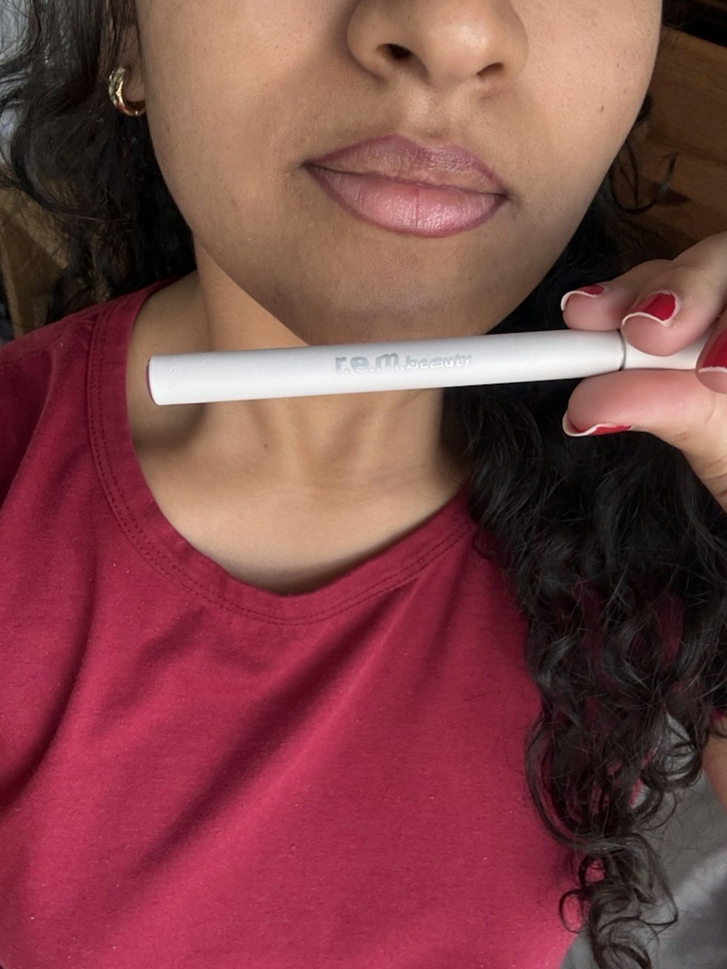 Tester after using the REM BEAUTY Practically Permanent Lip Stain Marker