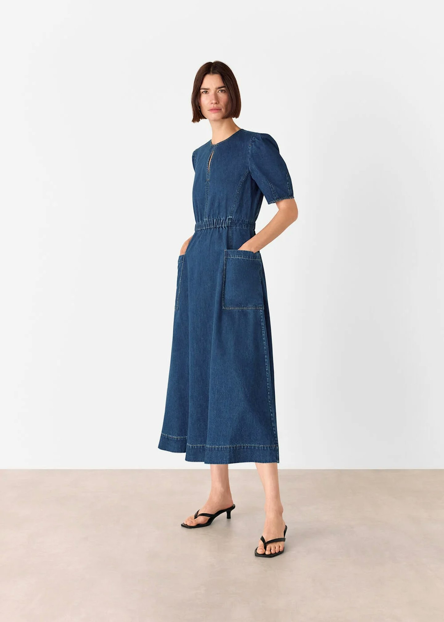 Image of the Whistles Denim Midi Short Sleeve Dress