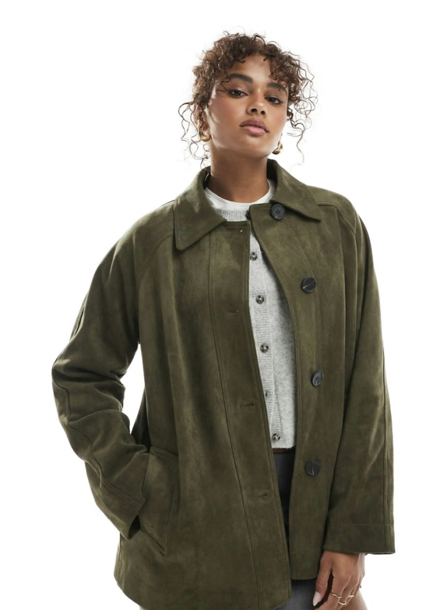 Image of the ASOS design faux suede car coat in olive