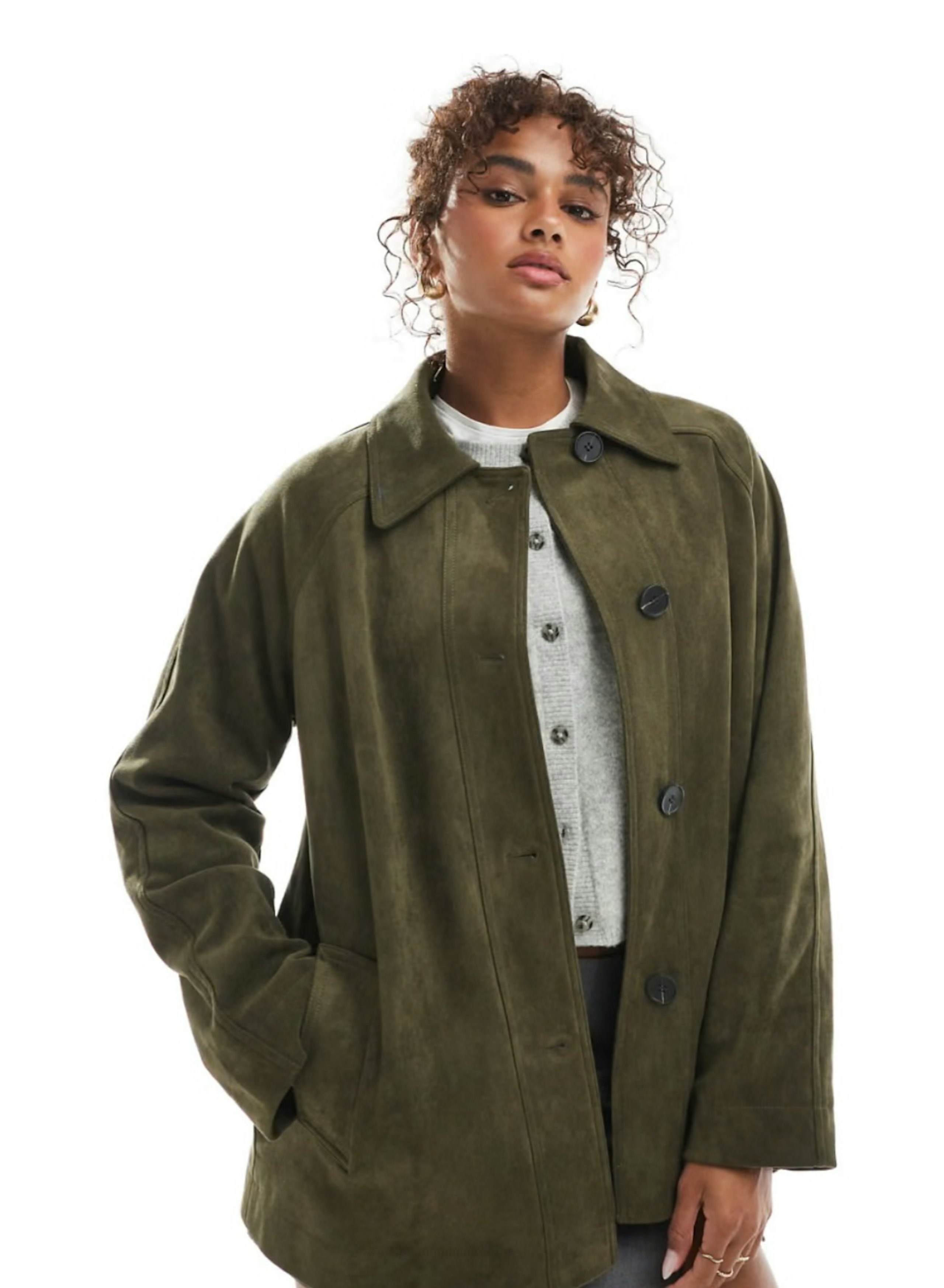 Image of the ASOS design faux suede car coat in olive