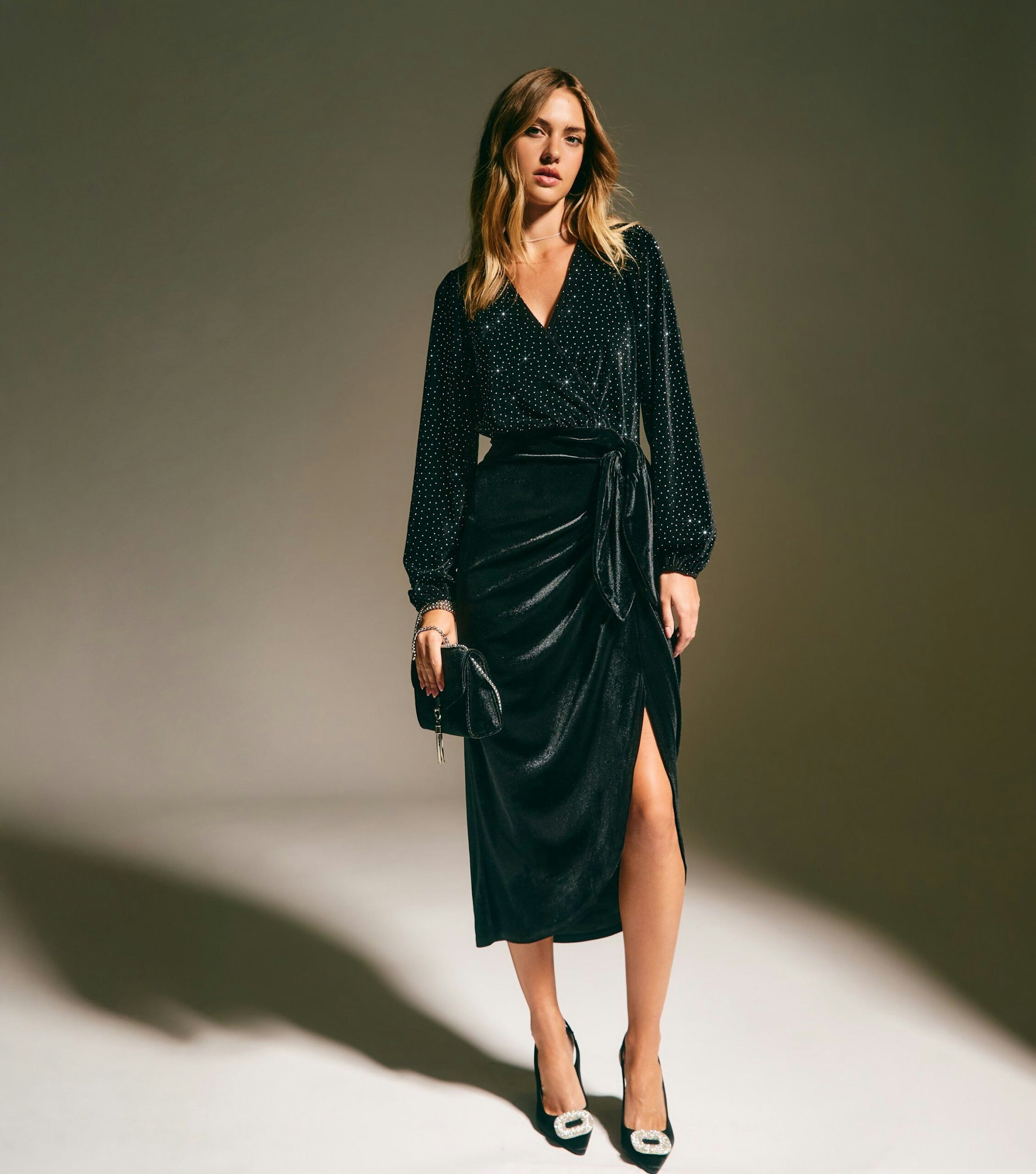 Image of the Black Velvet Diamante Embellished Long Sleeve Wrap Midi Dress