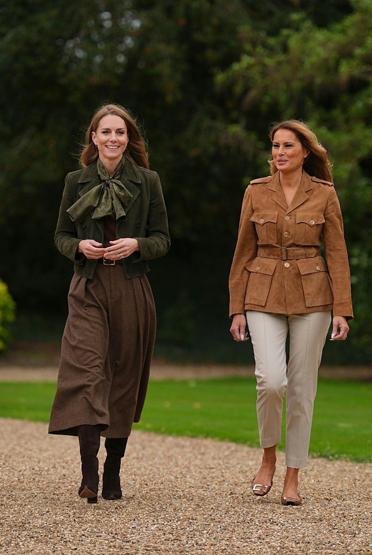 Catherine, Princess of Wales (left) and First Lady Melania Trump in Frogmore Gardens in Windsor during the State visit by the President of the United States of America on September 18, 2025