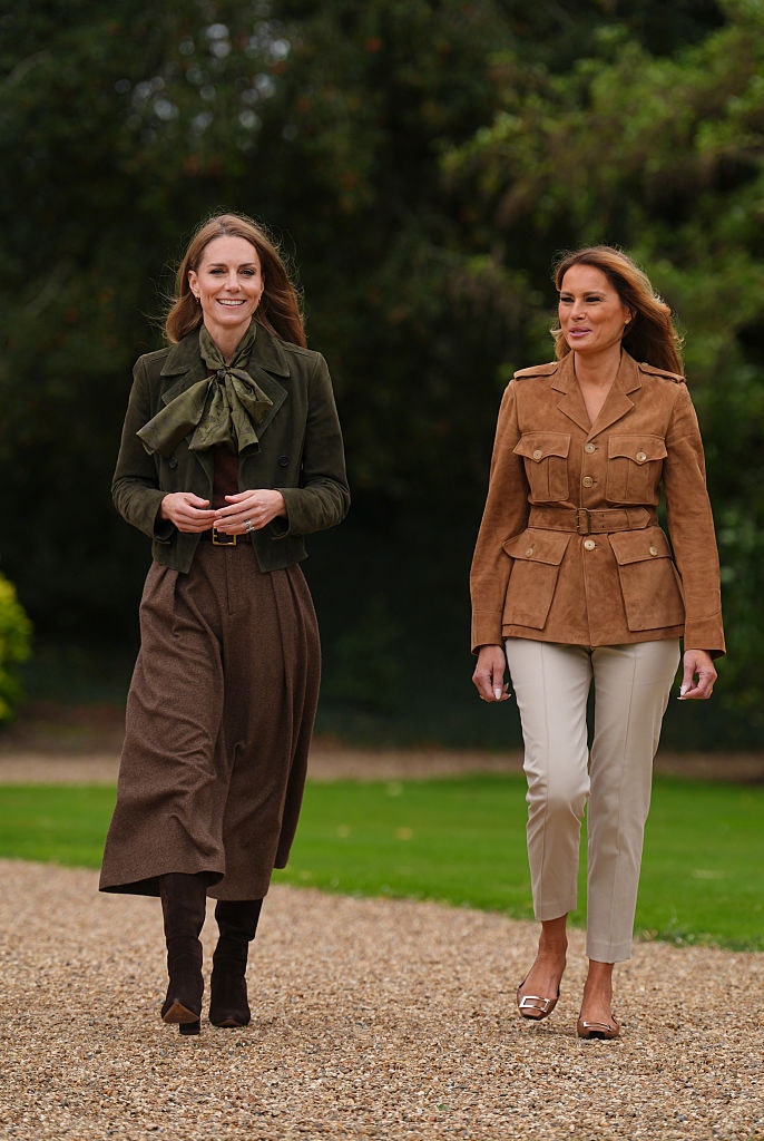 Catherine, Princess of Wales (left) and First Lady Melania Trump in Frogmore Gardens in Windsor during the State visit by the President of the United States of America on September 18, 2025