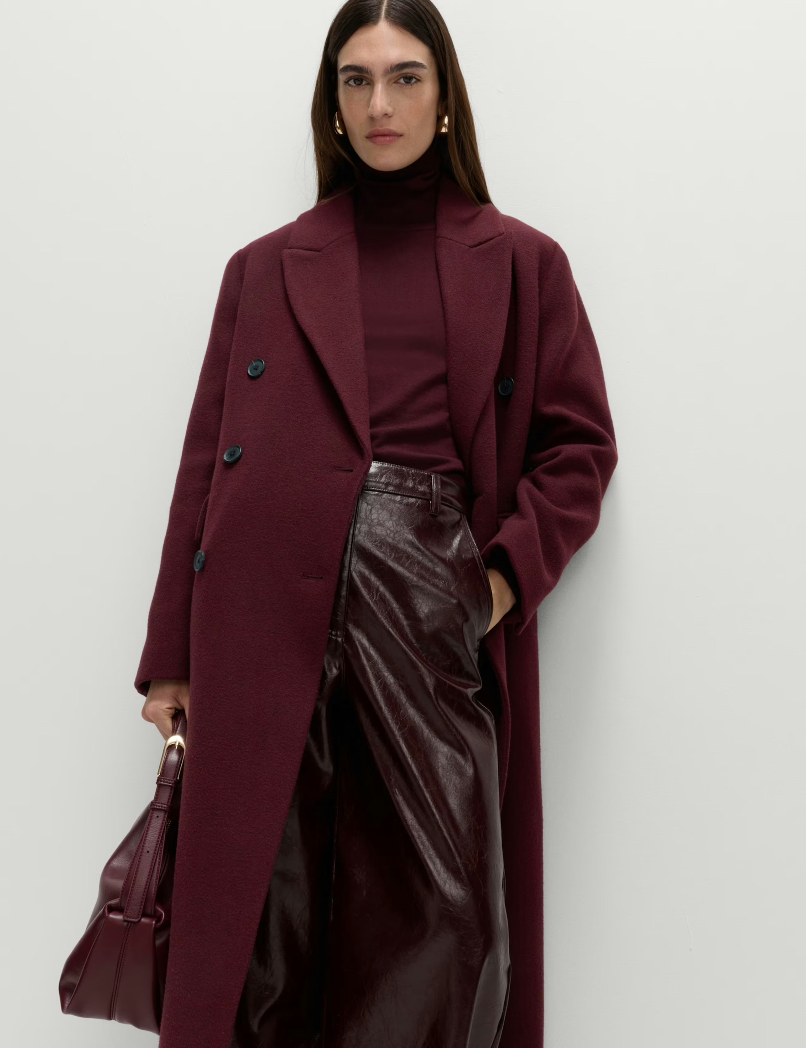 Model wearing the M&S Double Breasted Longline Coat With Wool