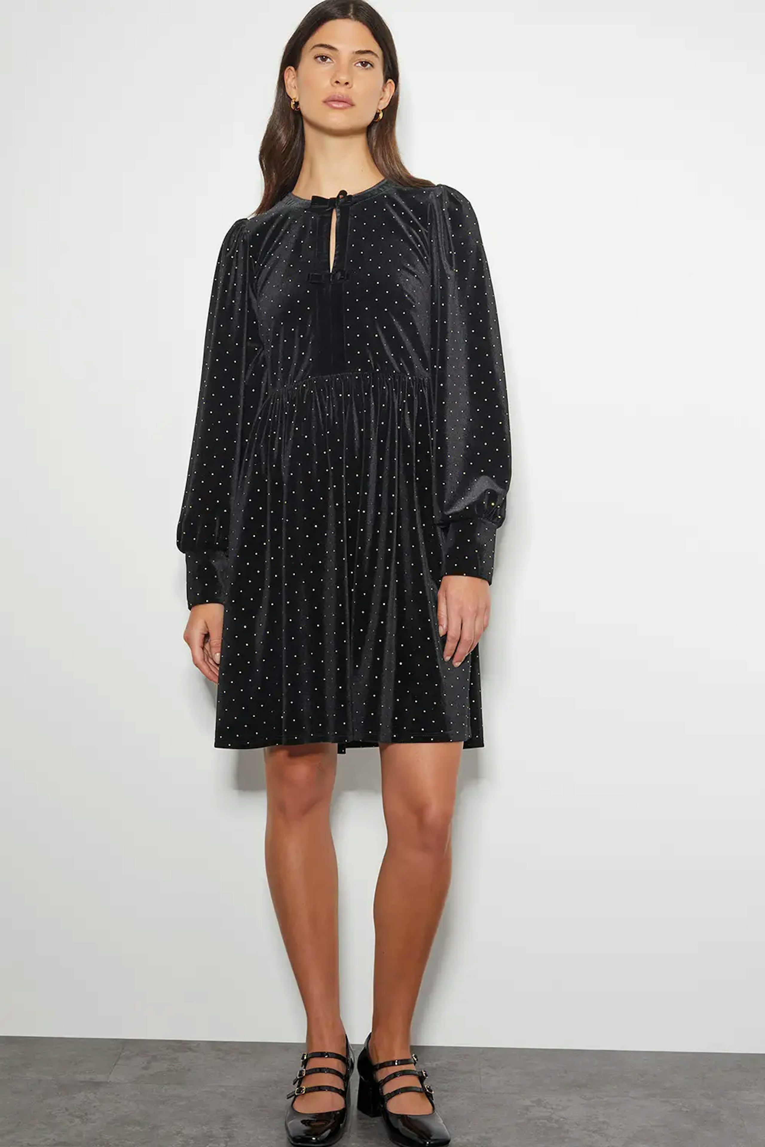 Image of the Monsoon Nora Long Sleeve Velvet Mini Dress Black