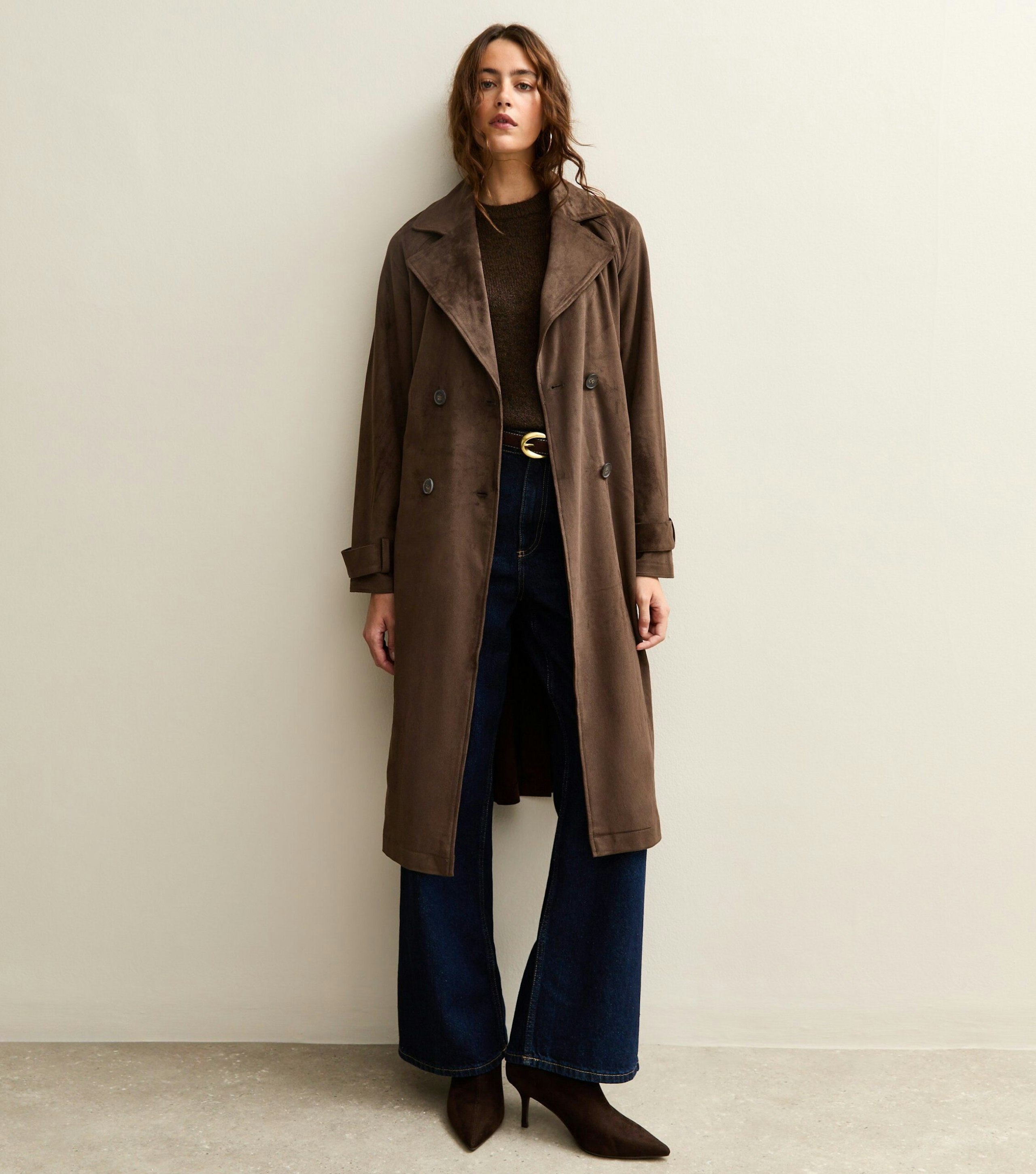 Image of the New Look Brown Faux Suede Belted Trench Coat