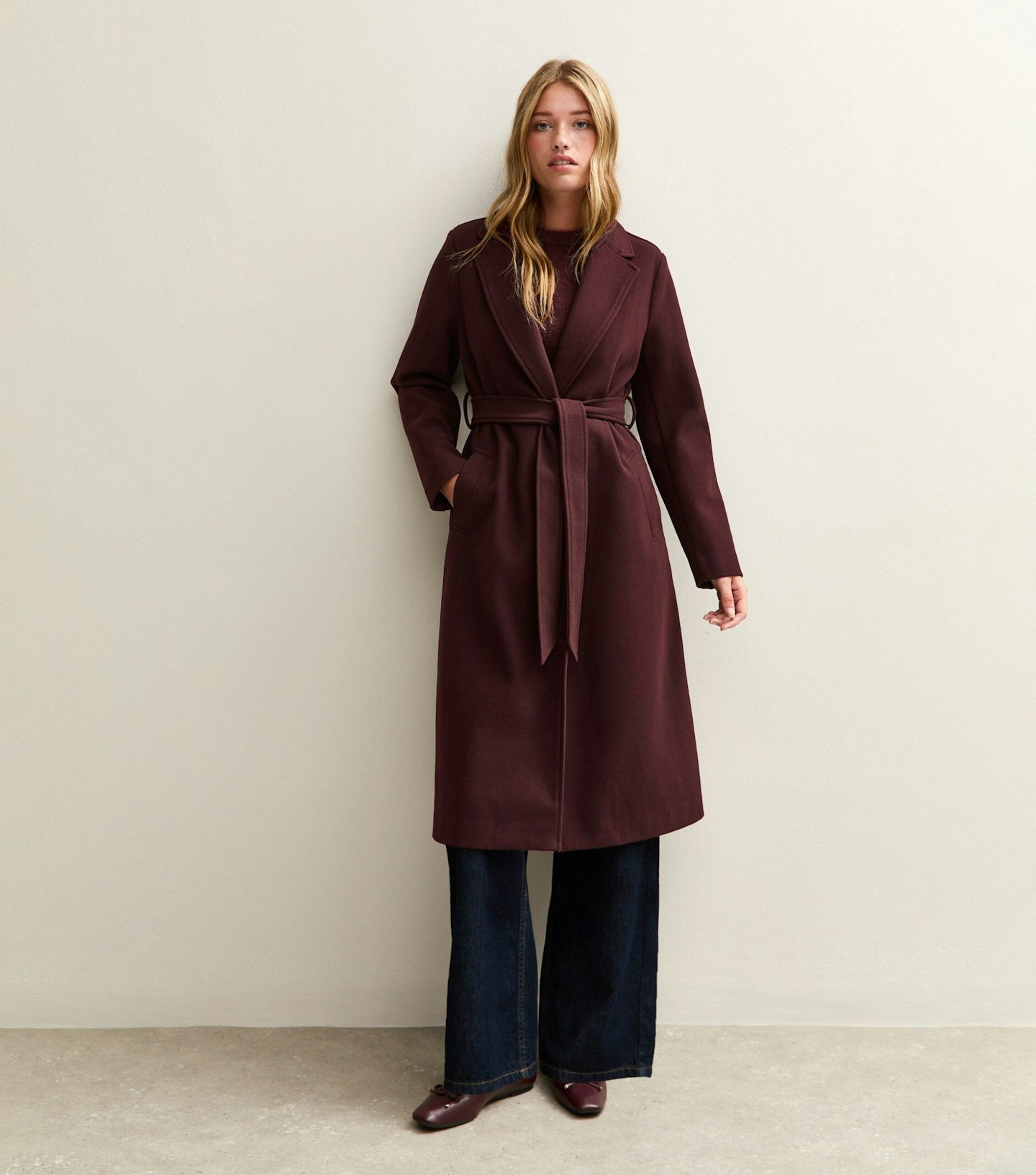Image of the New Look Burgundy Unlined Longline Belted Coat