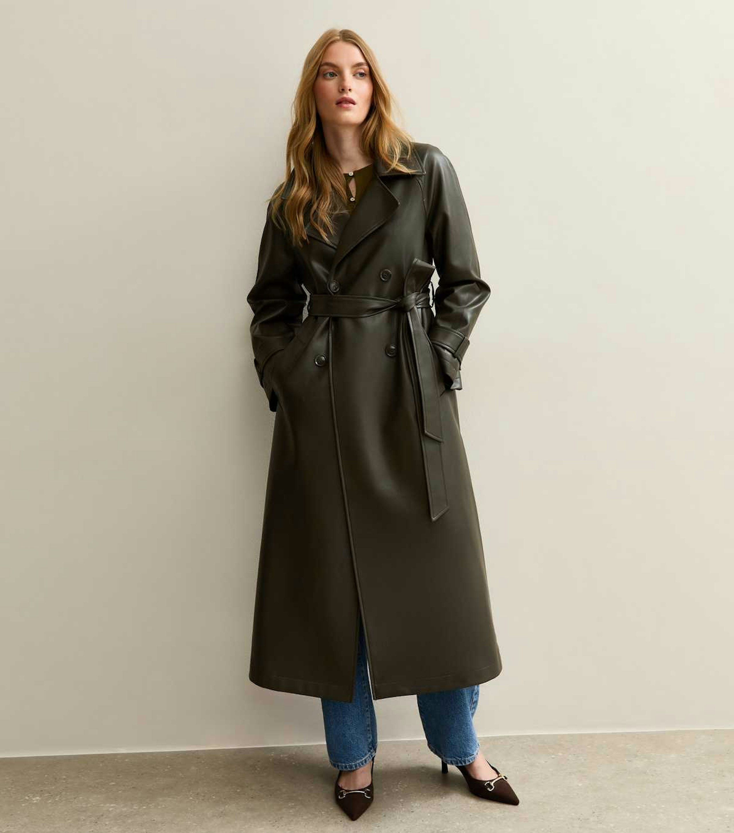 Image of the New Look Dark Khaki Faux Leather Trench Coat belted look