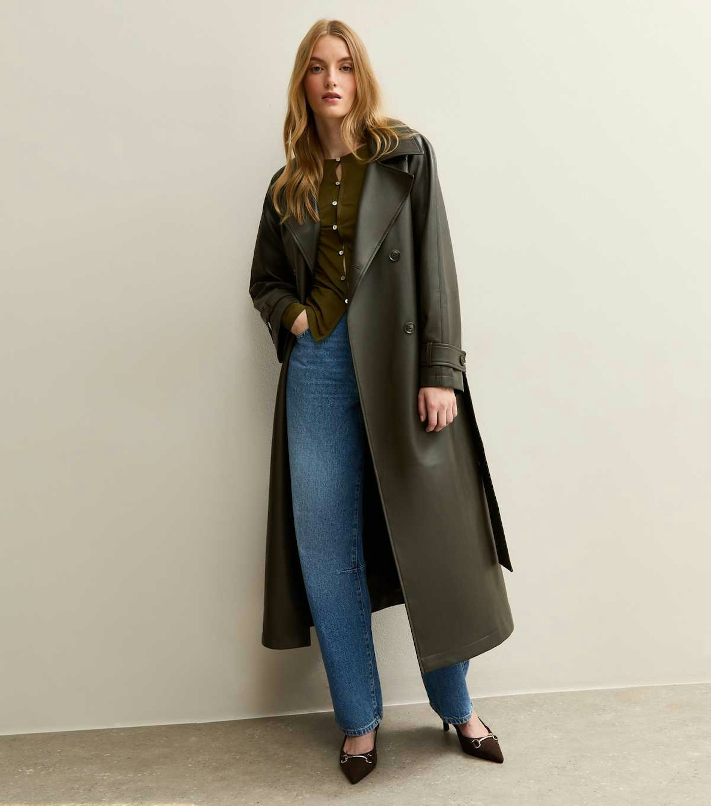 Image of the New Look Dark Khaki Faux Leather Trench Coat