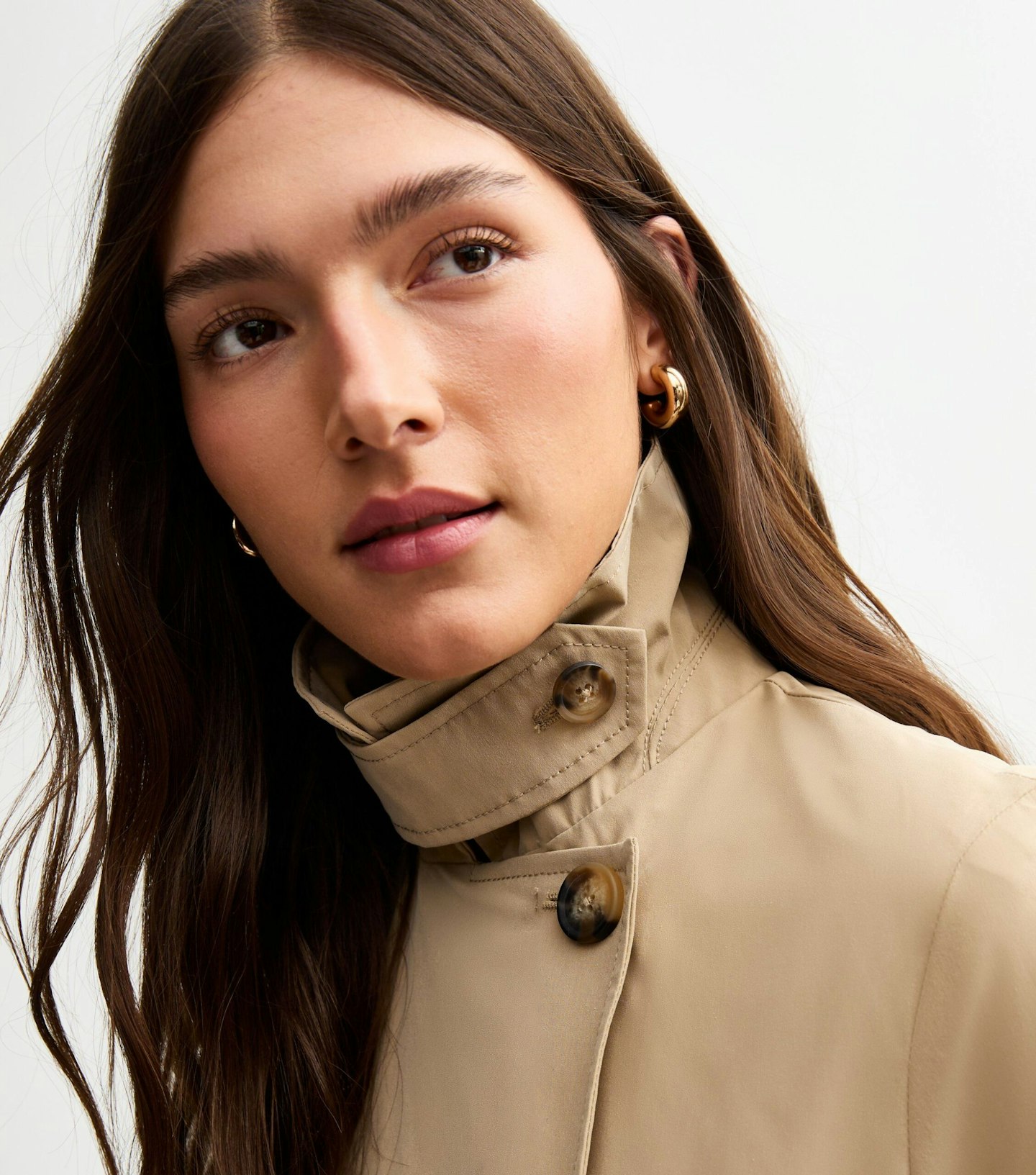 Image of the New Look Stone Double Breasted Trench Coat high neck look