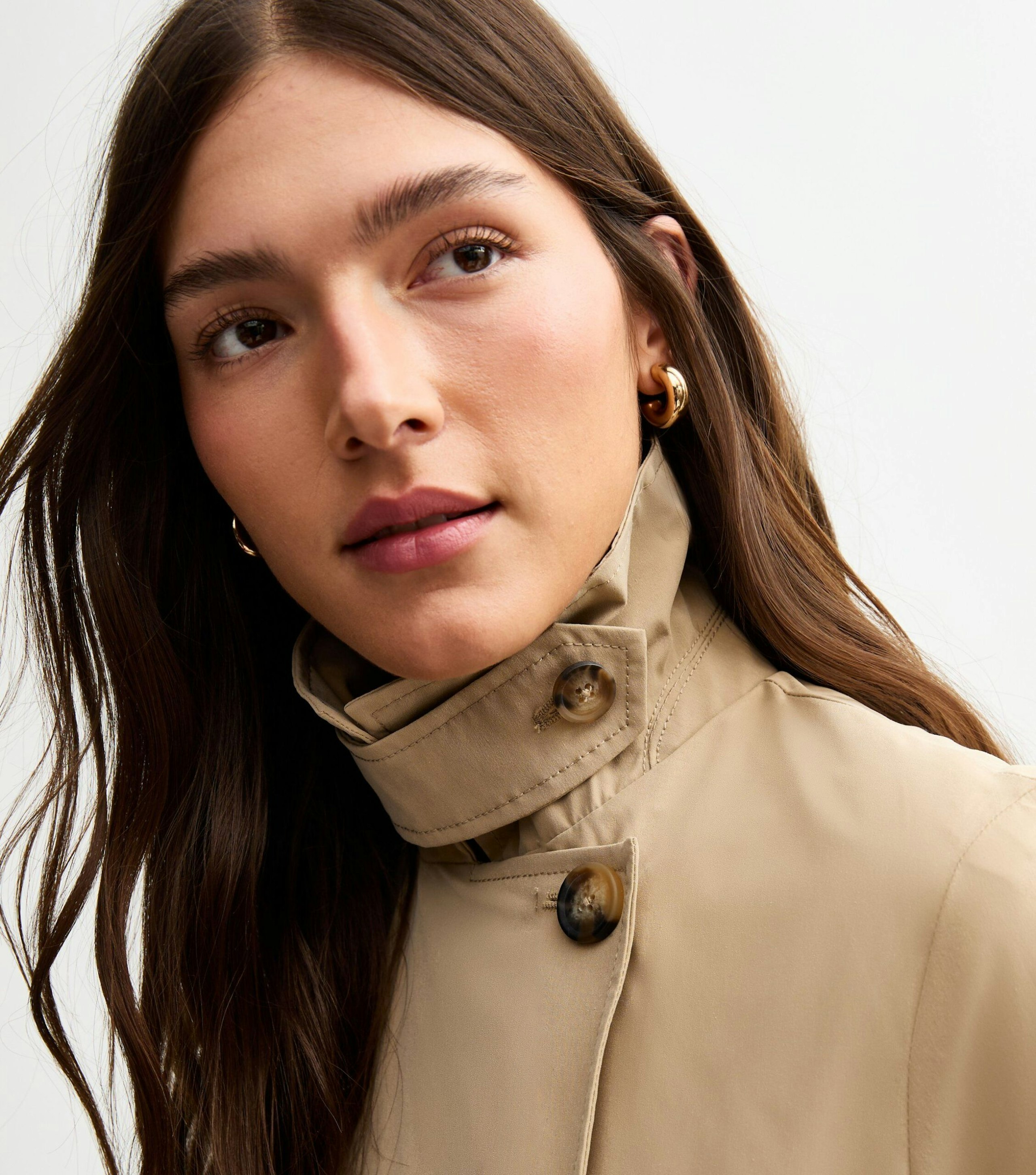 Image of the New Look Stone Double Breasted Trench Coat high neck look