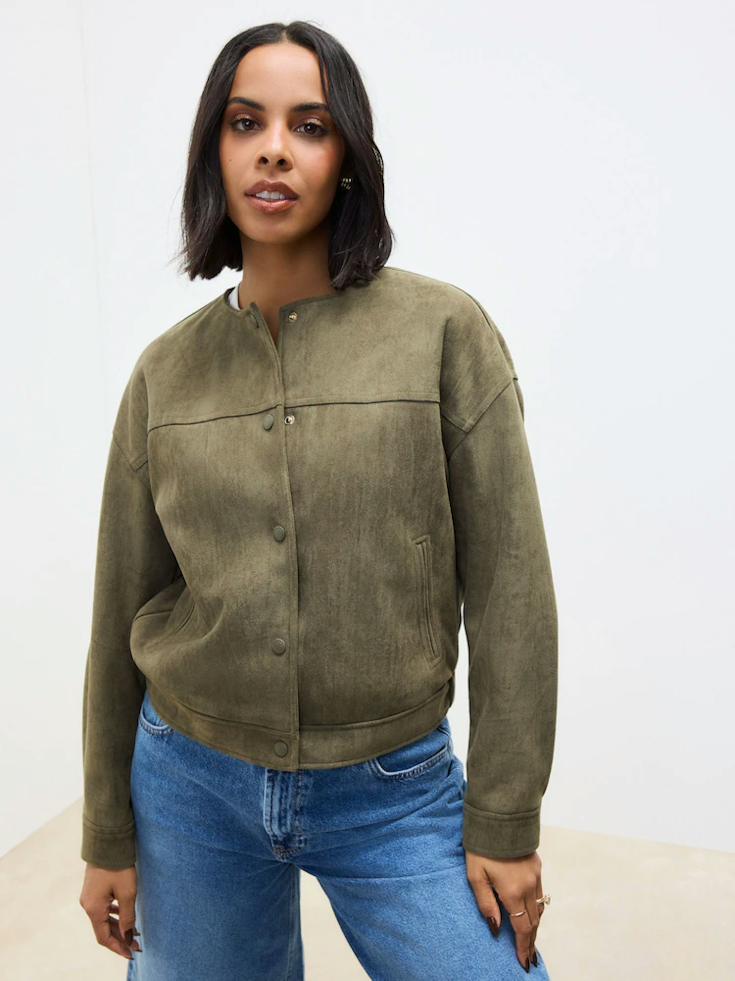Model wearing the Next Khaki Green Suedette Bomber Jacket