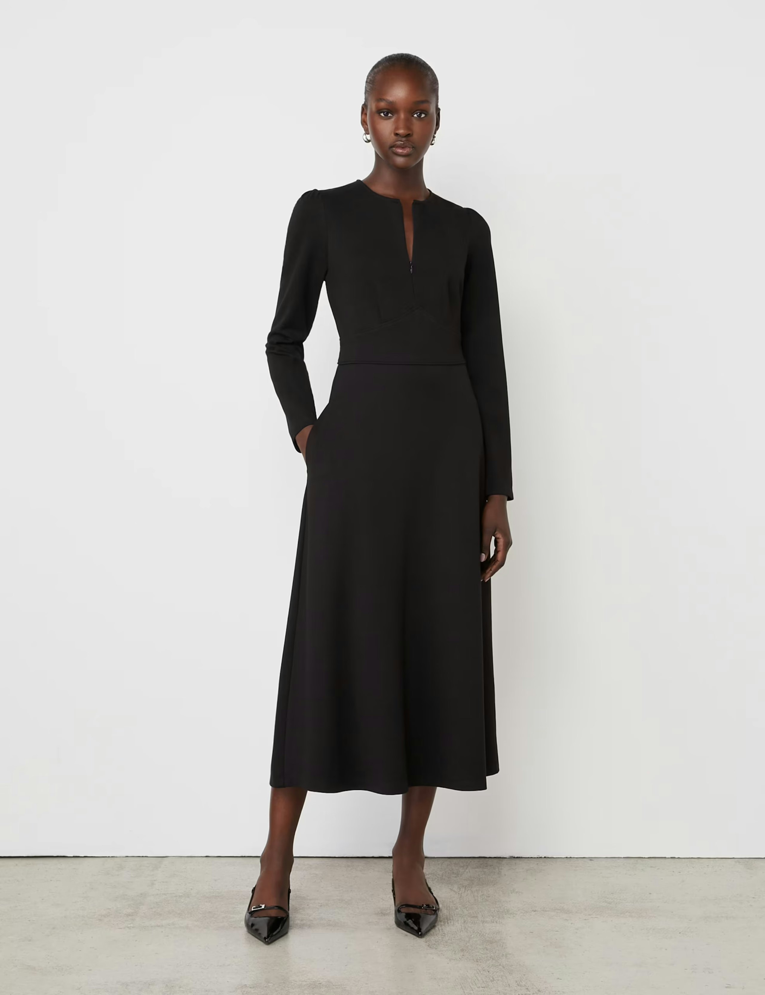 Image of the Ponte Jersey Zip Neck Midi Waisted Dress