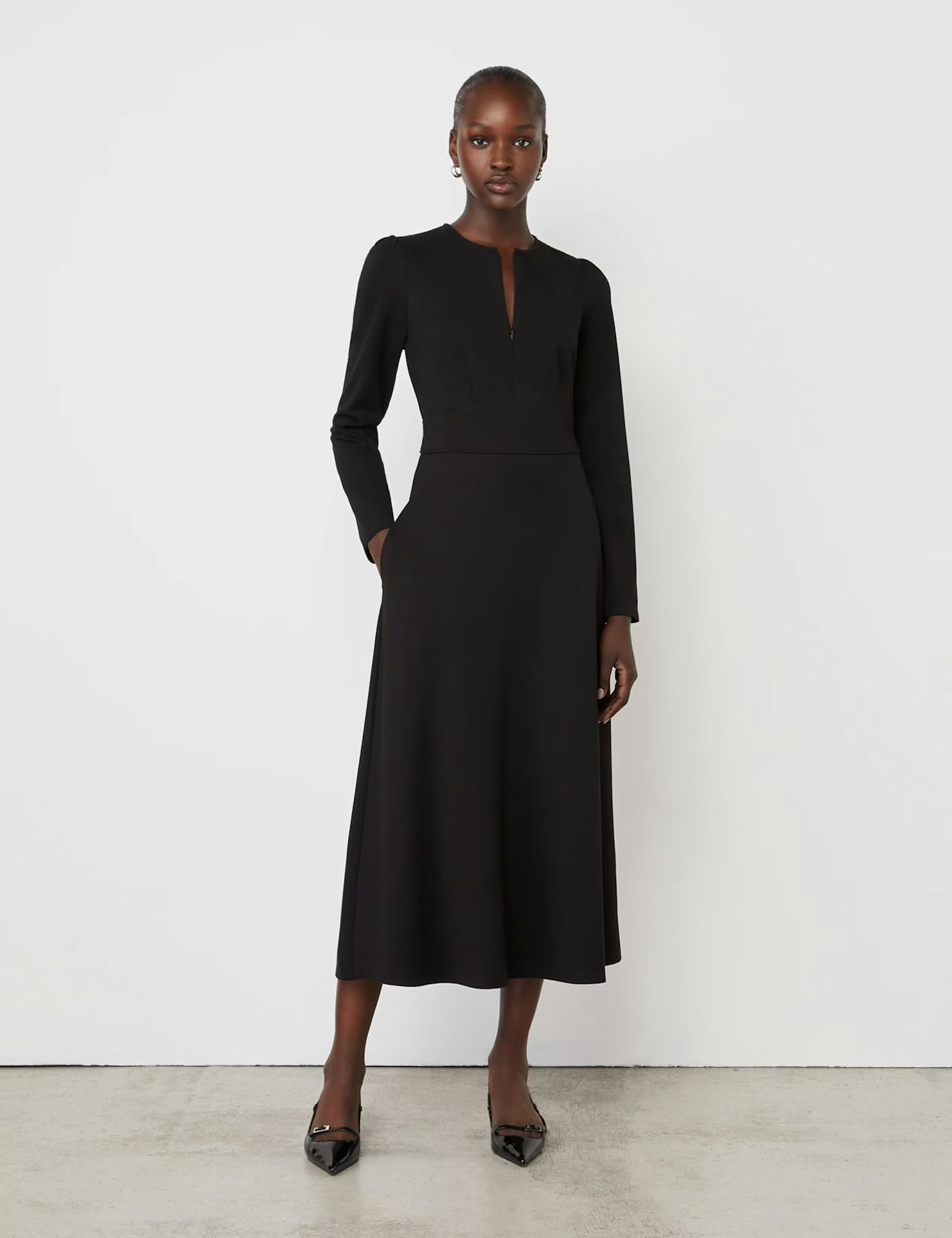Image of the Ponte Jersey Zip Neck Midi Waisted Dress
