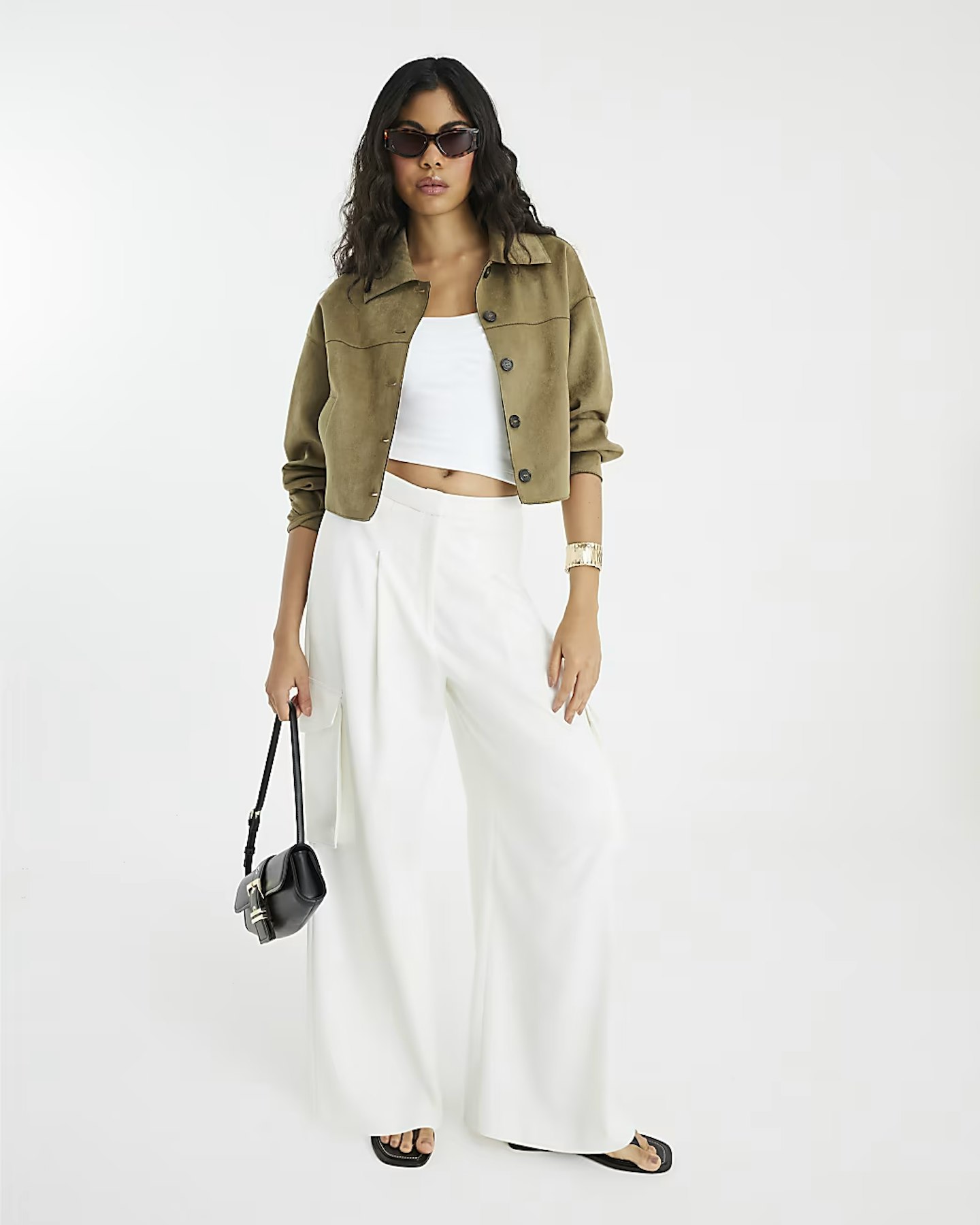 Model wearing the River Island Green Faux Suede Overshirt 