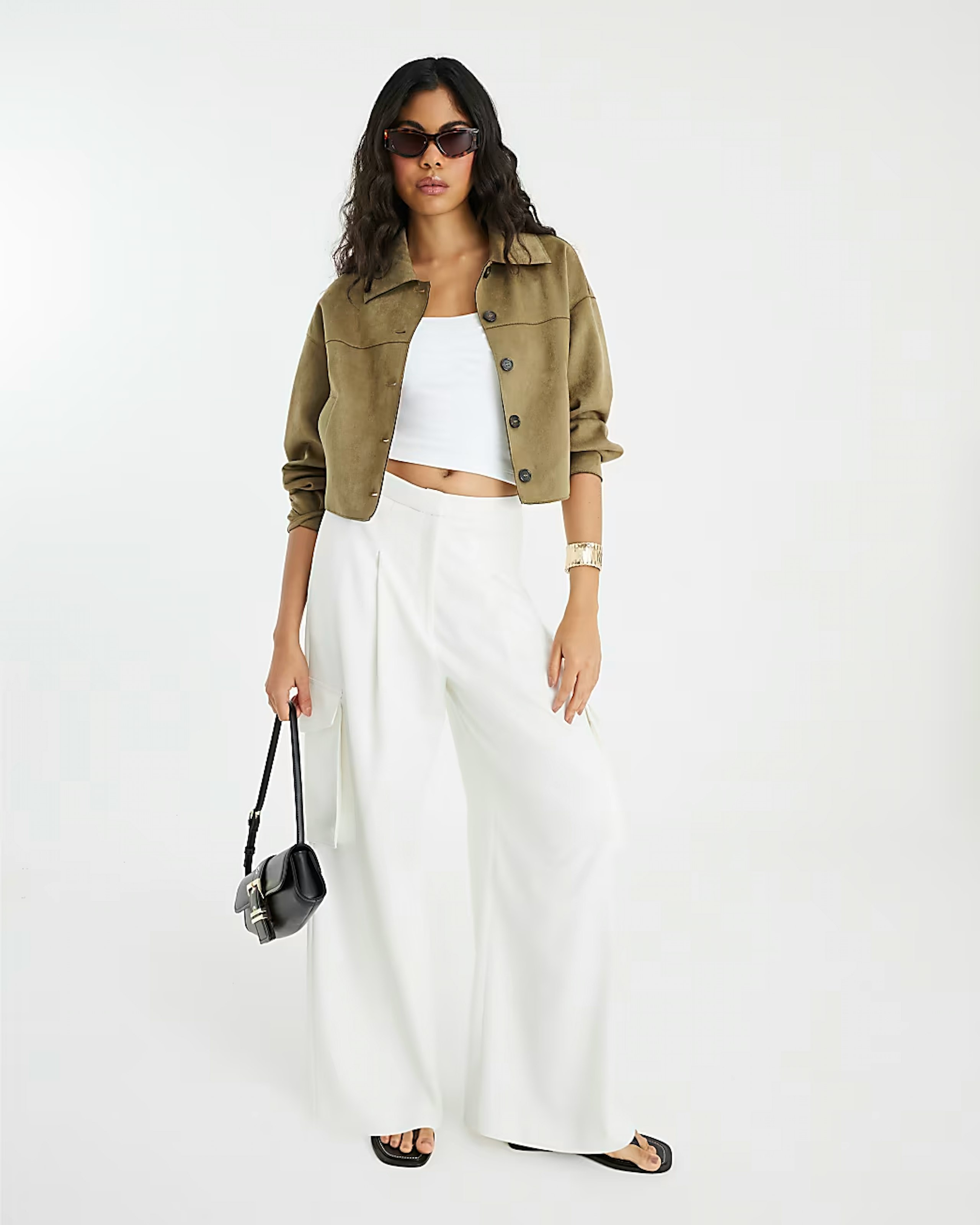 Model wearing the River Island Green Faux Suede Overshirt