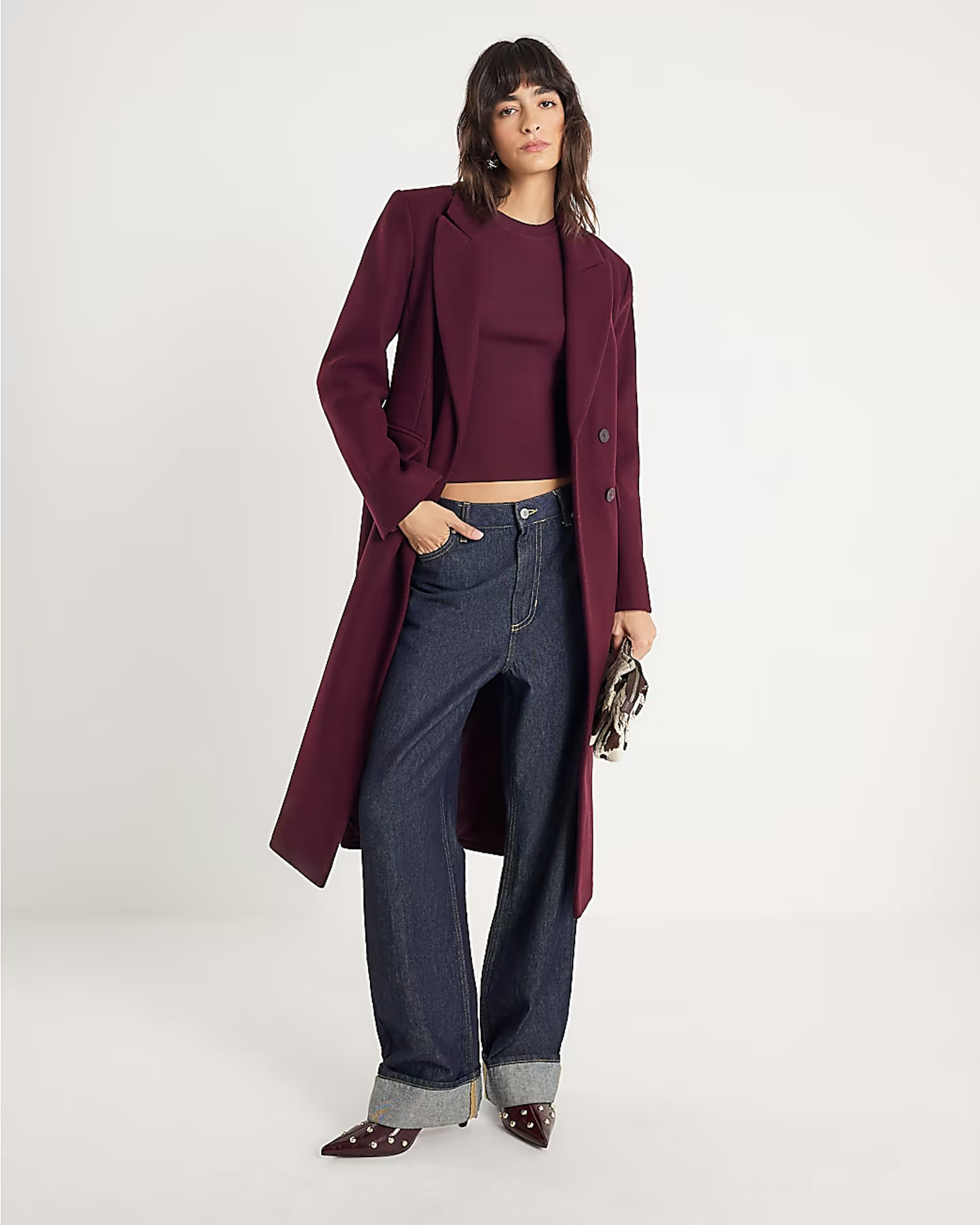 Image of the River Island Red Tailored Belted Coat worn open