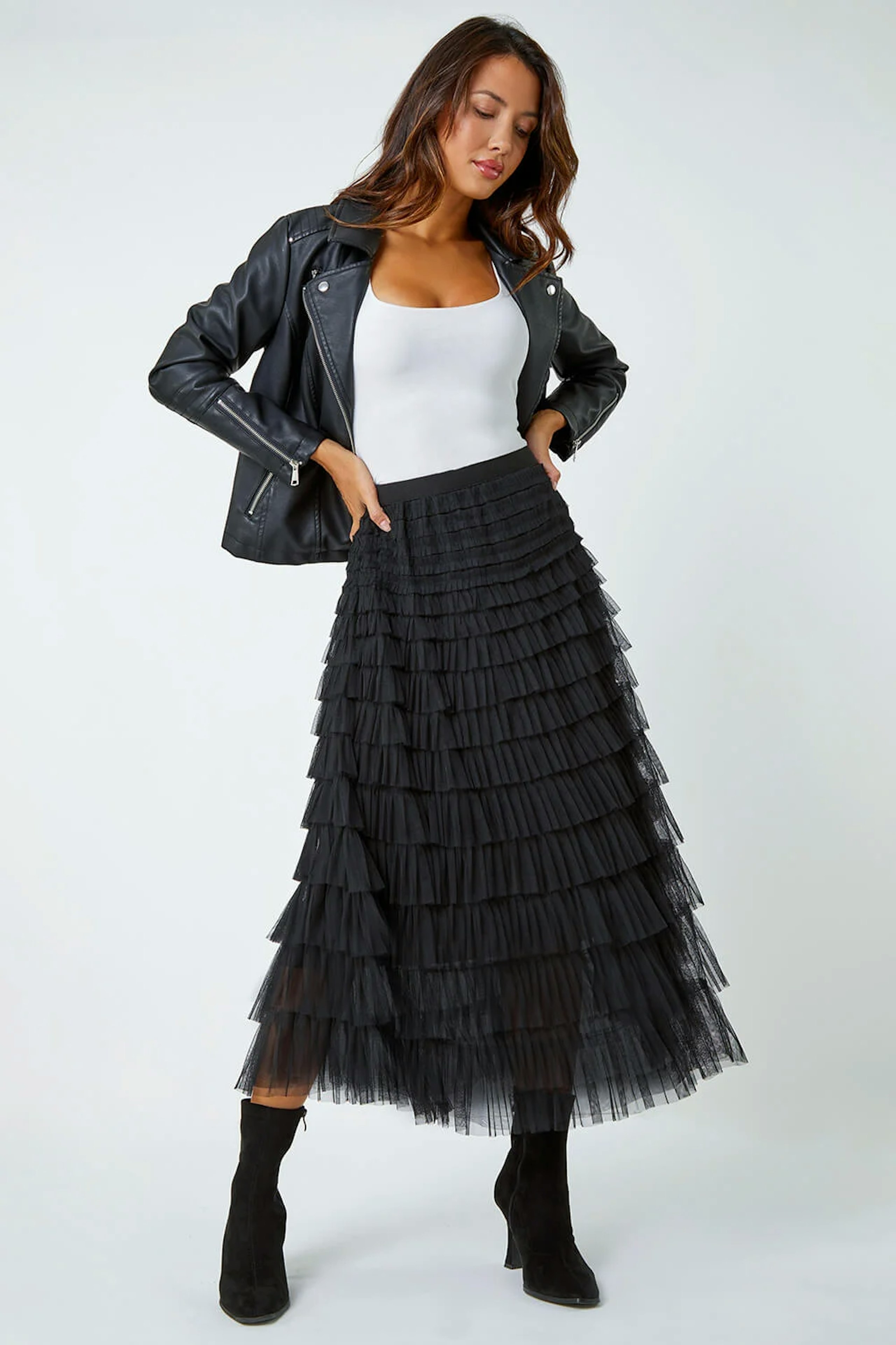 Image of the Roman Black Elasticated Mesh Tiered Ruffle Skirt