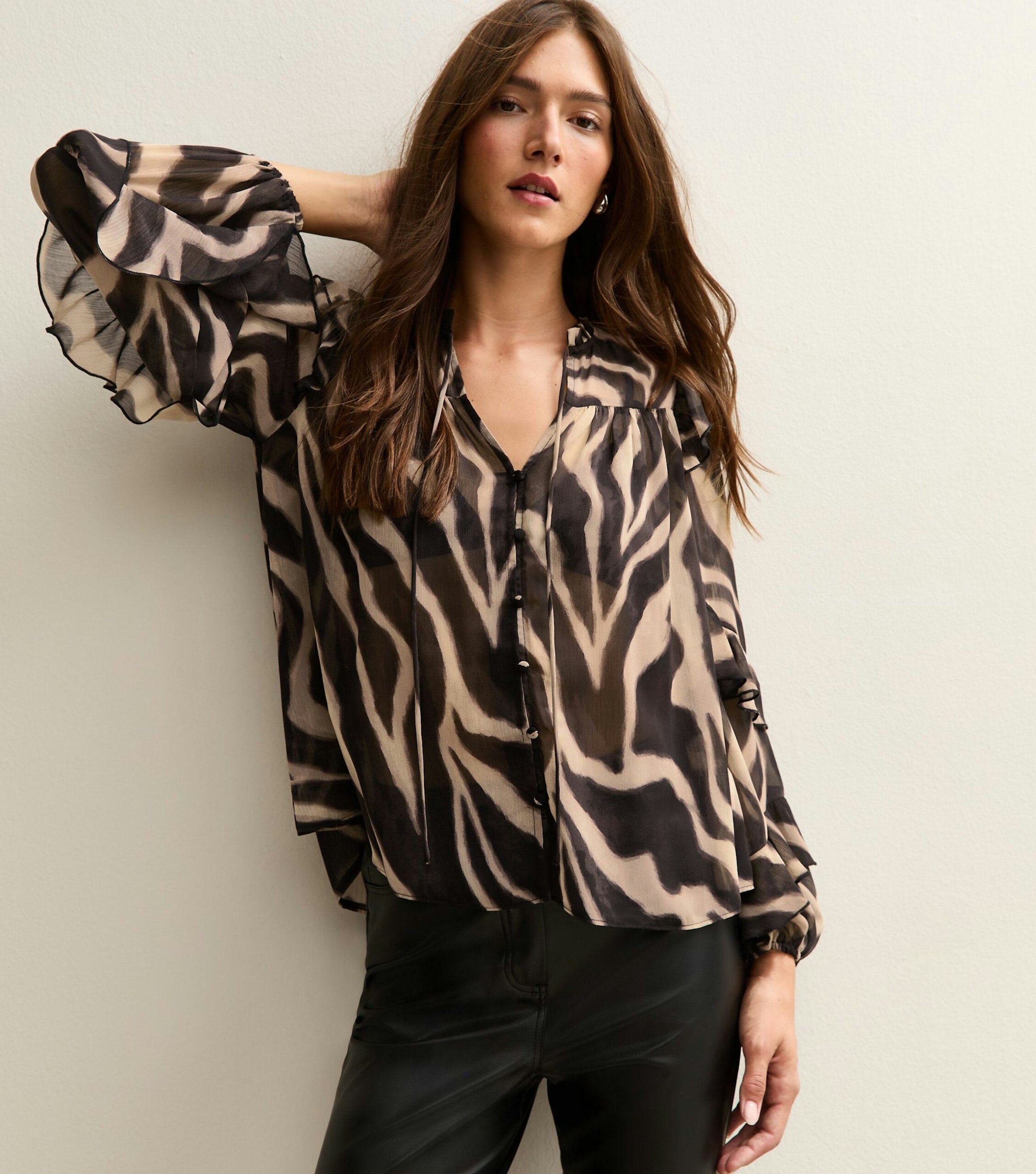 Image of the Black Zebra Print Chiffon Frilly Trimmed Blouse