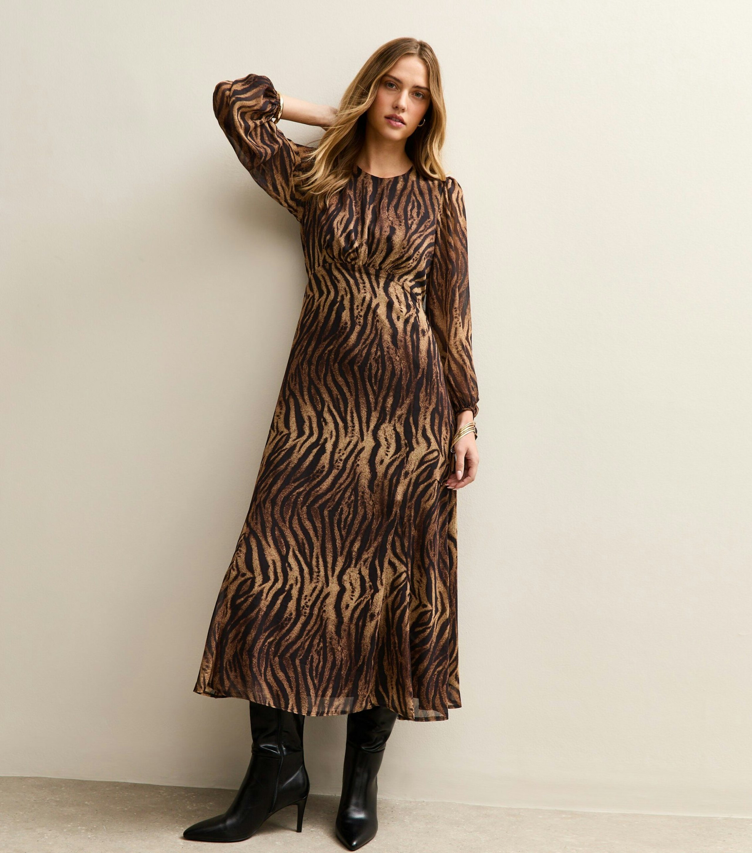 Image of the Brown Chiffon Zebra Print Long Sleeve Midi Dress