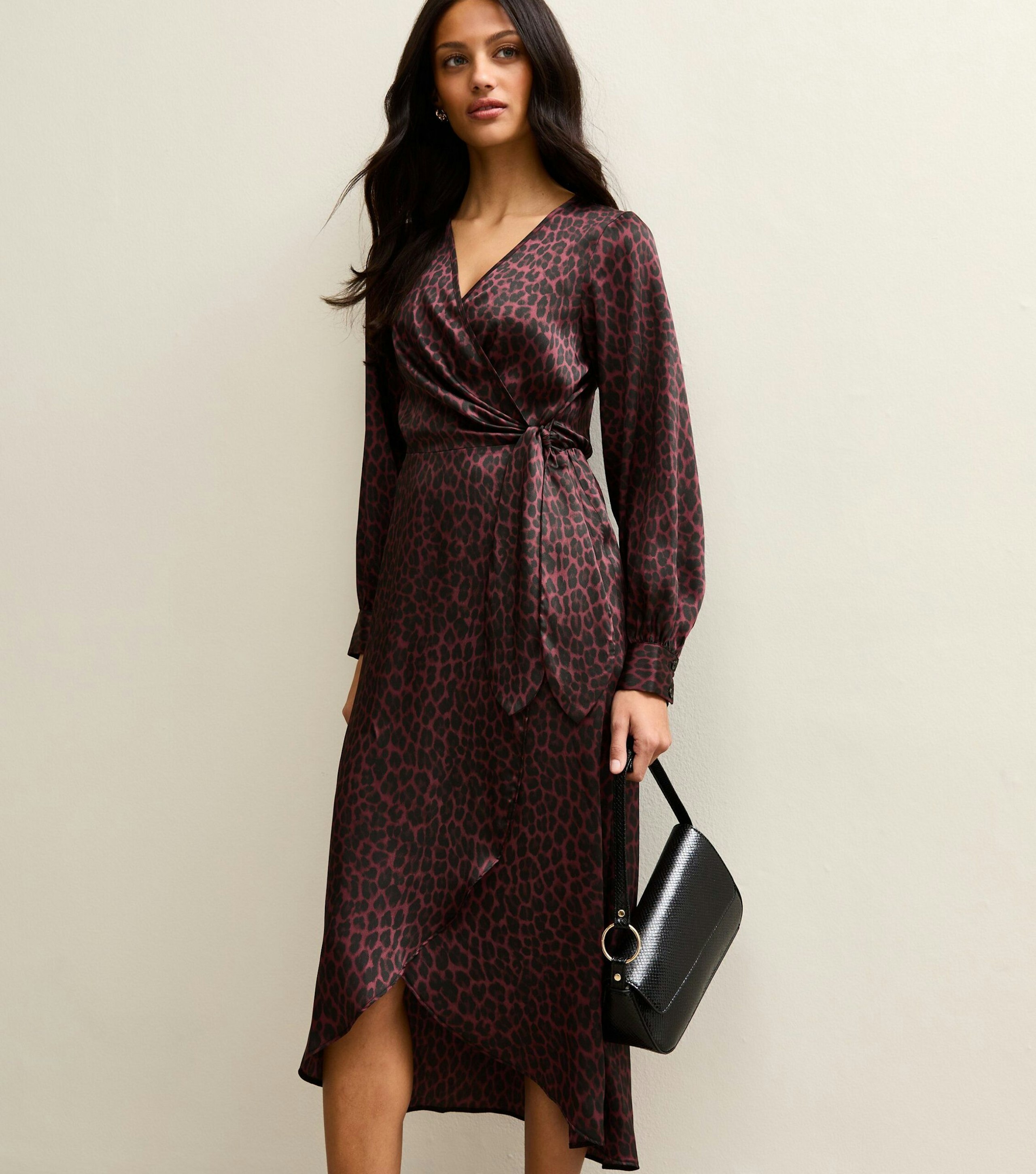 Image of the Brown Leopard Print Satin Wrap-Effect Midi Dress