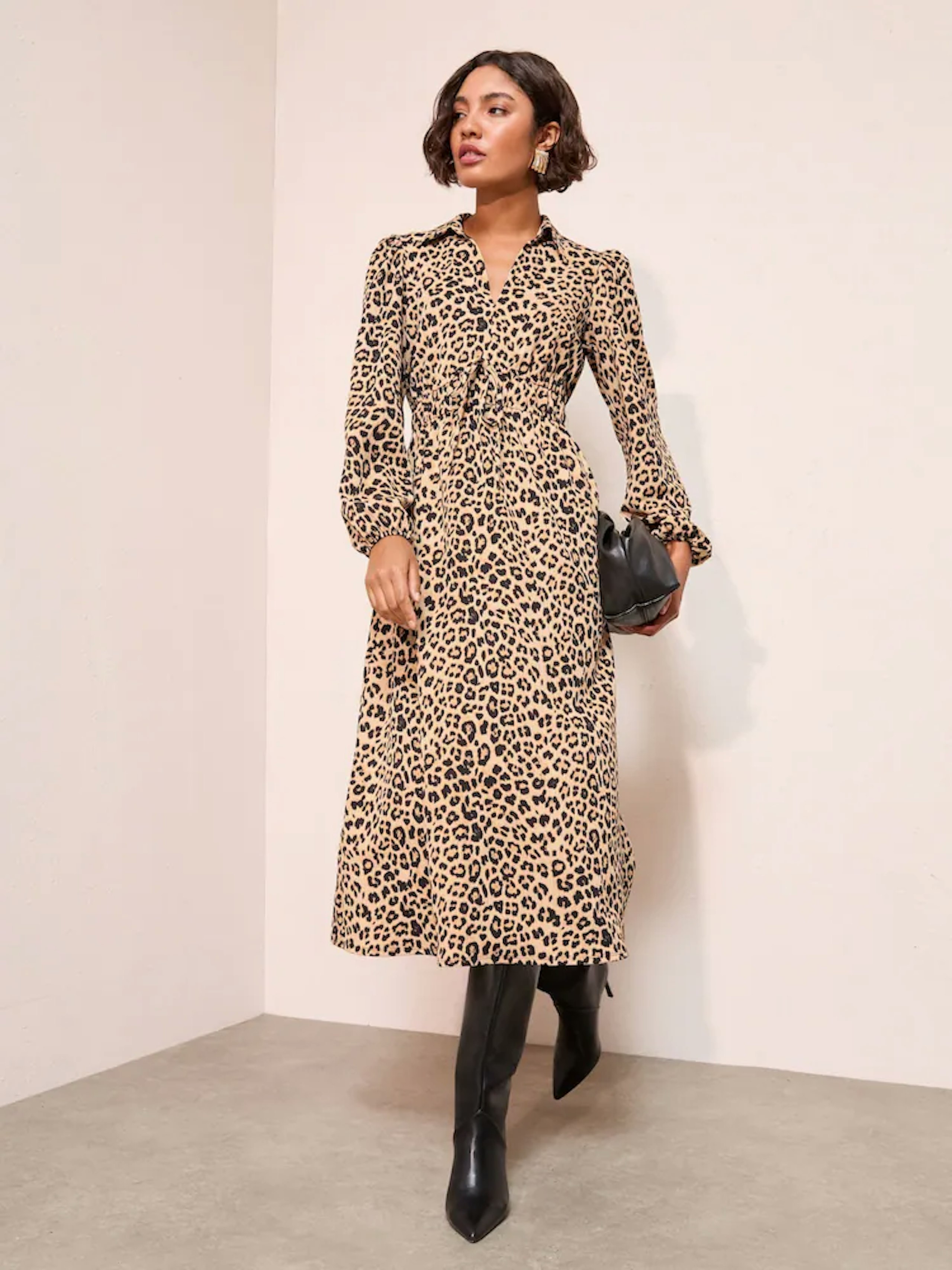 Image of the Friends Like These Brown V-Neck Collar Long Sleeve Textured Jersey Midi Dress