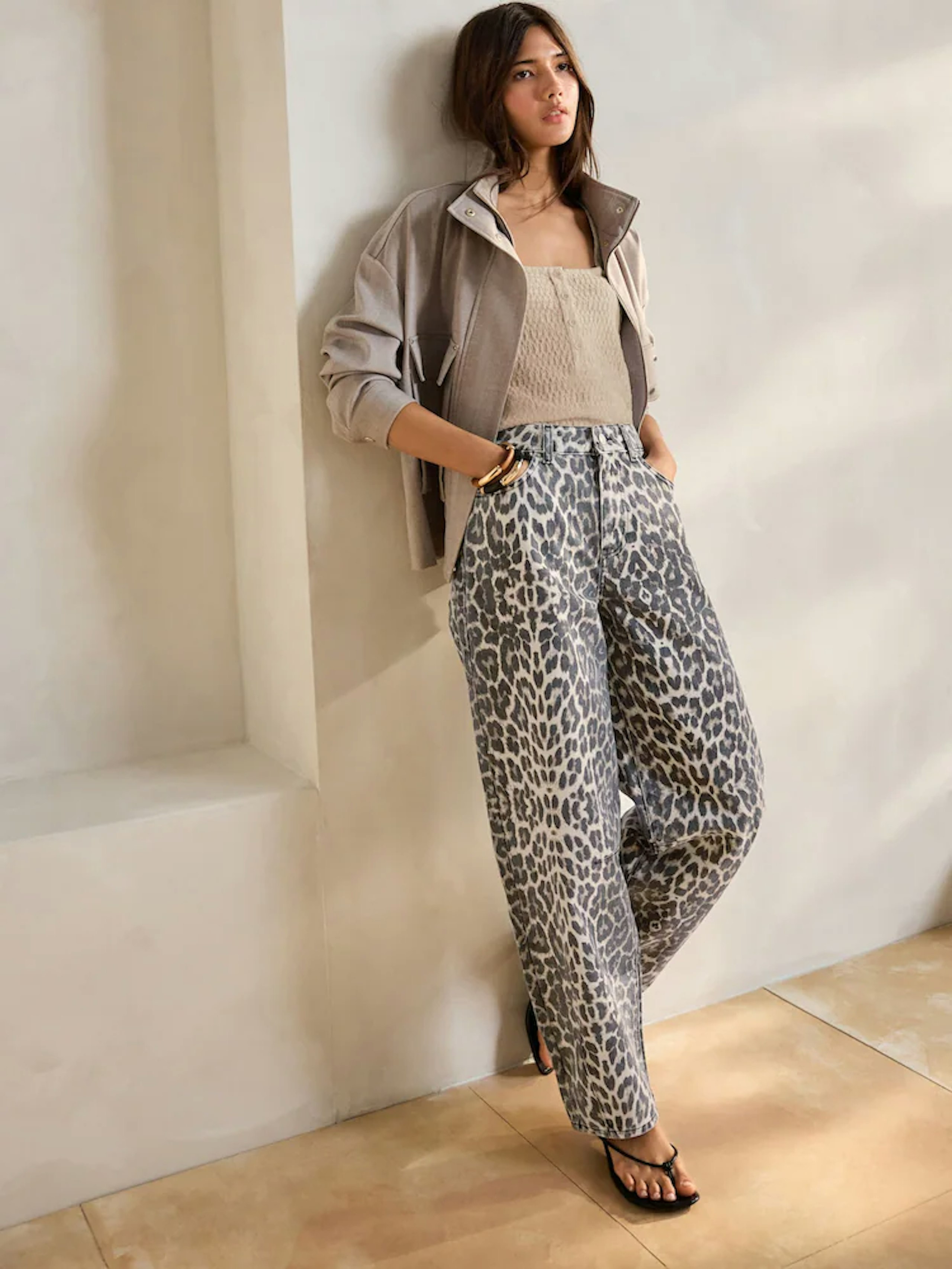 Image of the Next Leopard Print Cotton Barrel Leg Jeans