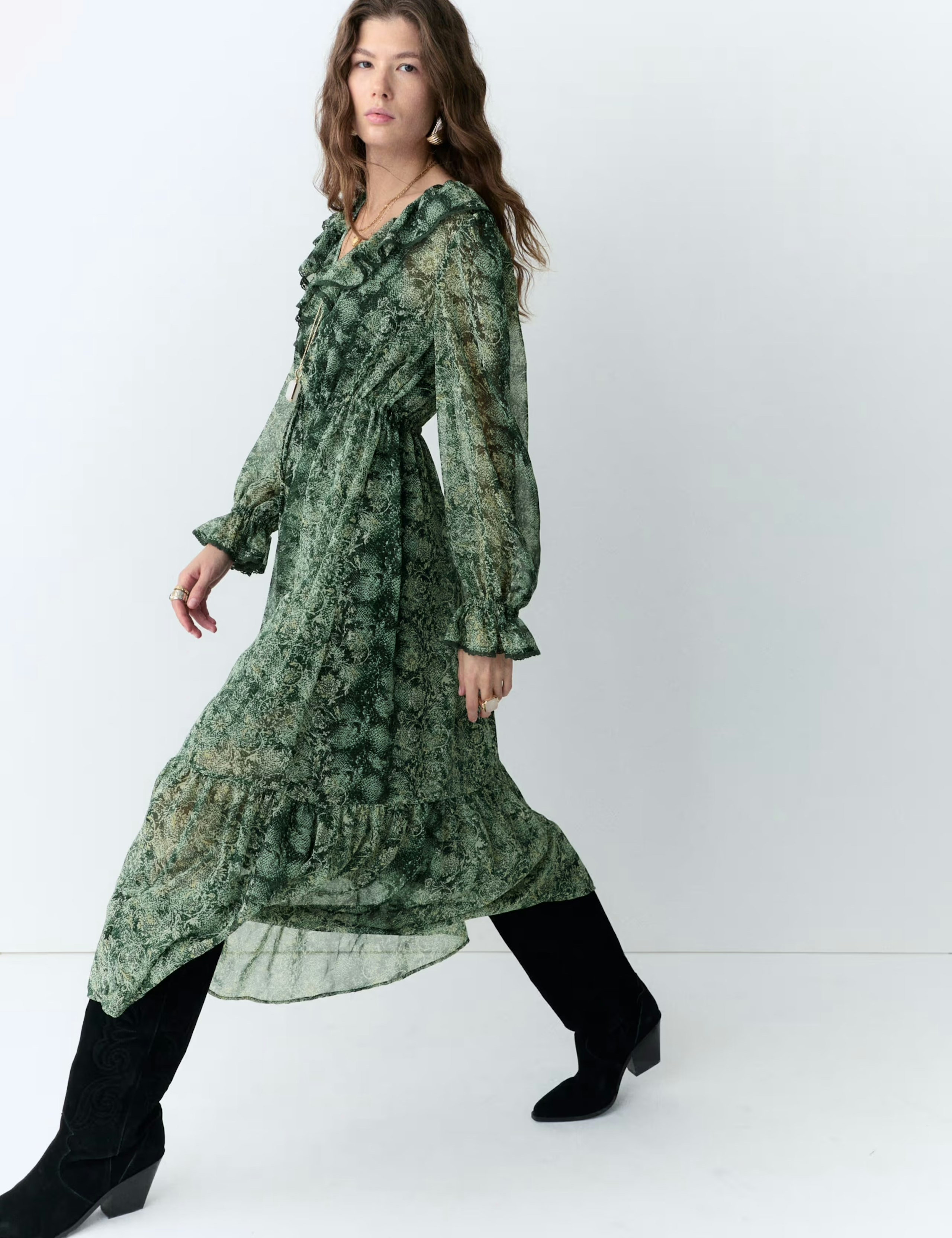 Image of the Per Una Snake Print V-Neck Frill Detail Midi Dress