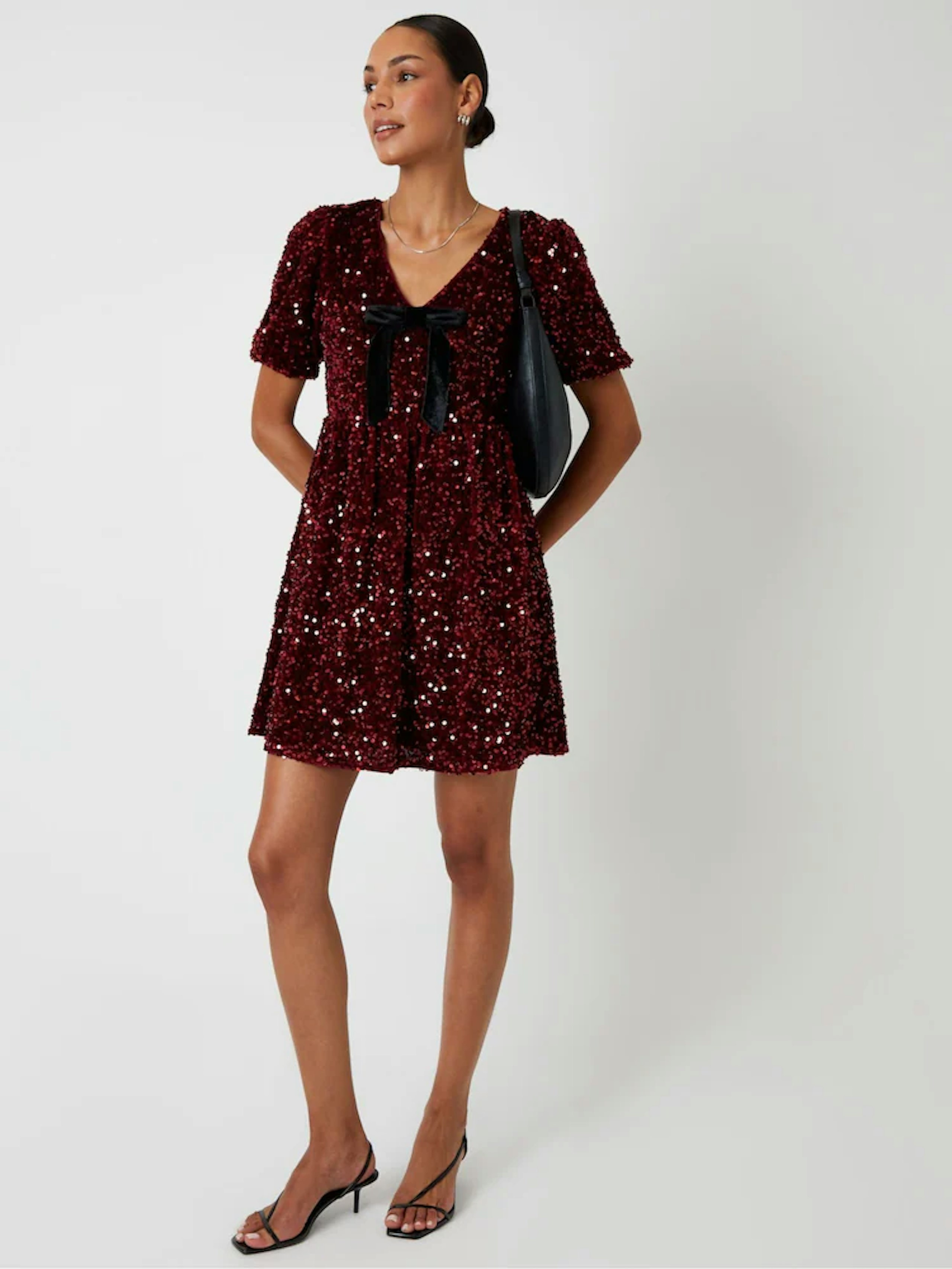 Image of the Threadbare Red Sequin Velour Bow Detail Mini Dress