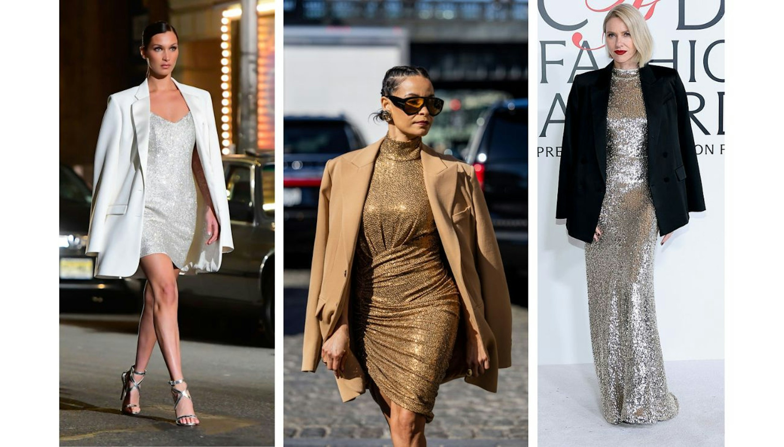 Celebrities like Bella Hadid, San De Silva and Naomi Watts wearing a sequin dress with a blazer