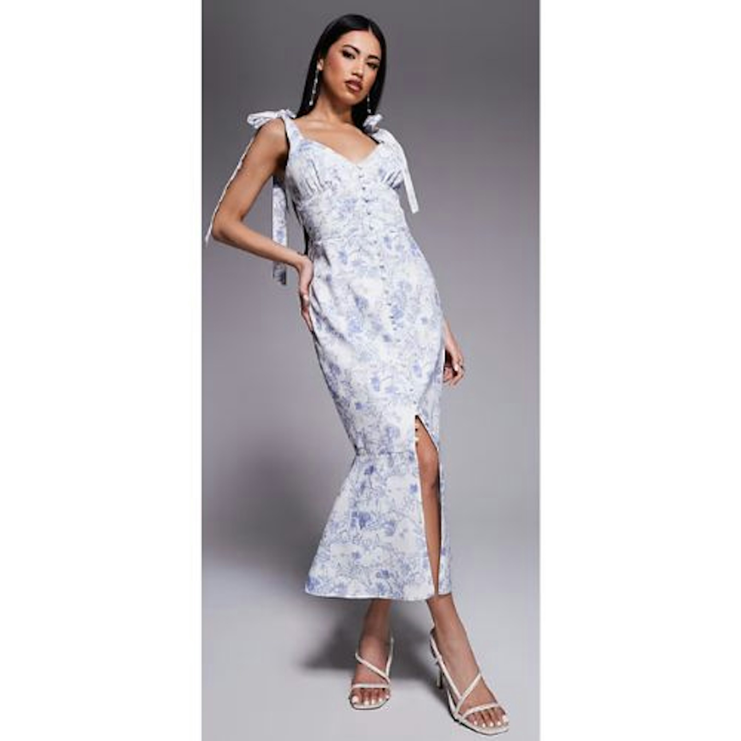 Lavish Alice Satin Tie Strap Button Midi Dress in Blue Porcelain Print