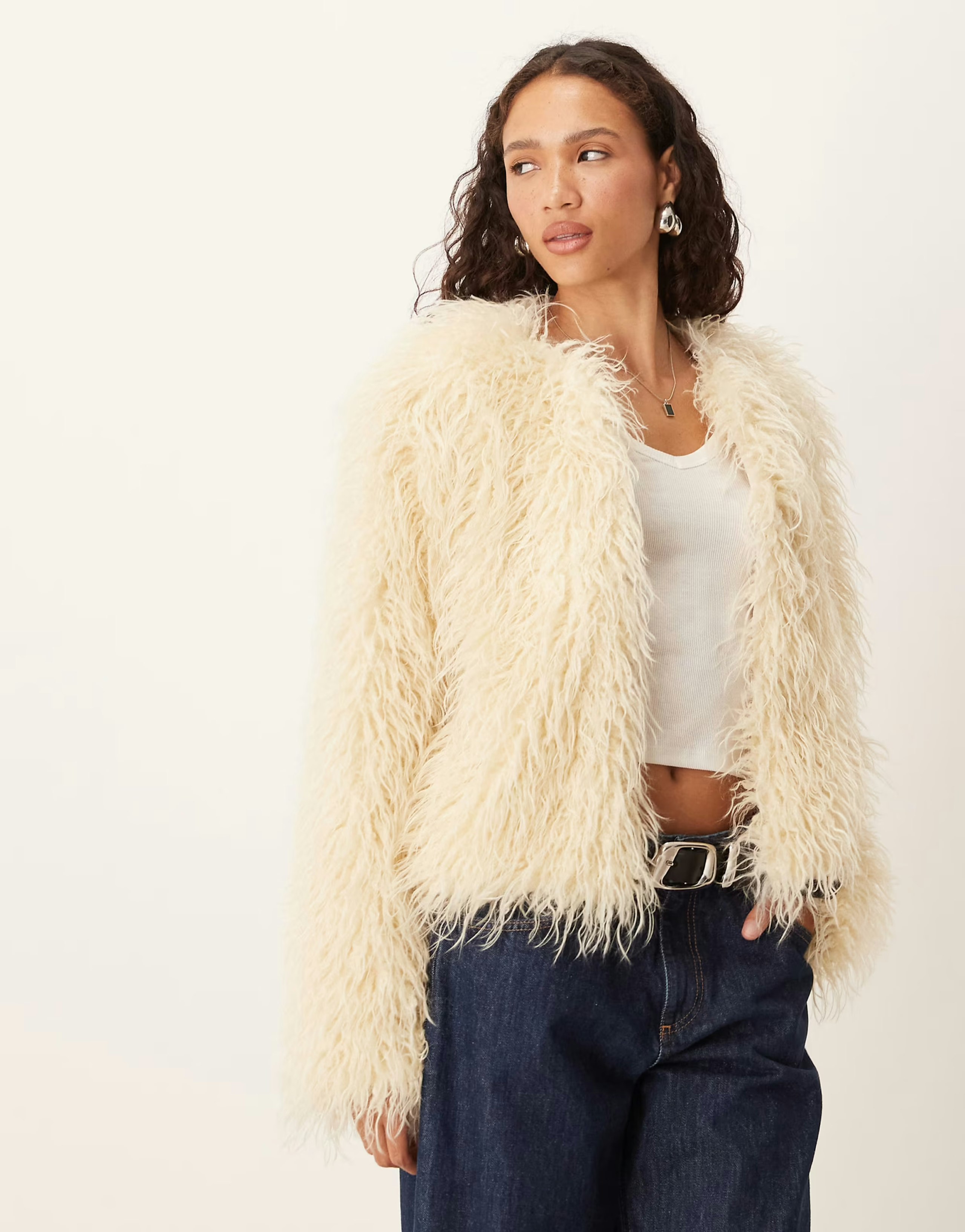 Brave Soul Collarless Short Monglian Faux Fur Jacket