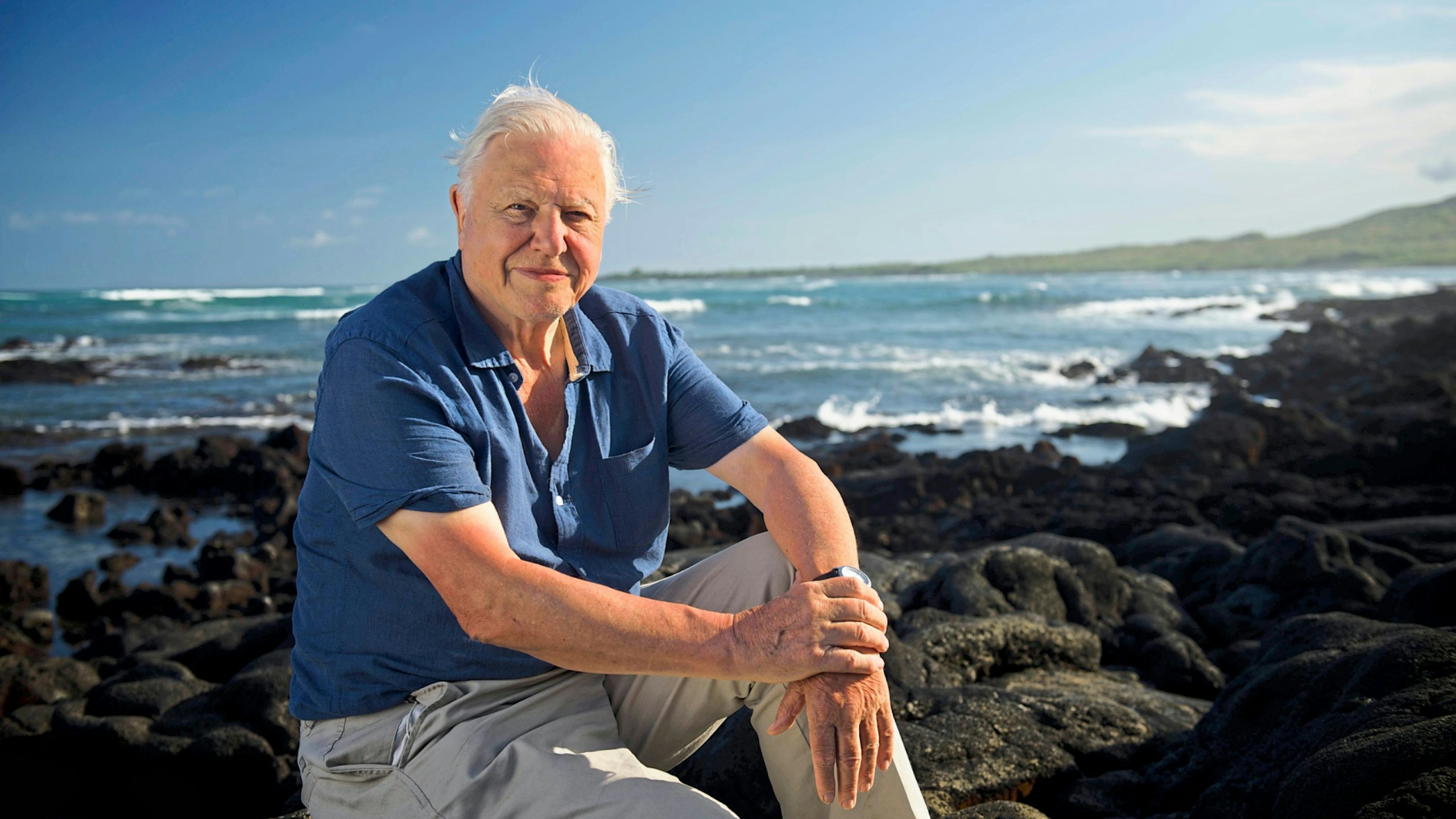 Sir David taking a break during filming beside the Pacific Ocean on Isabela Island, the largest of the Galapagos Islands