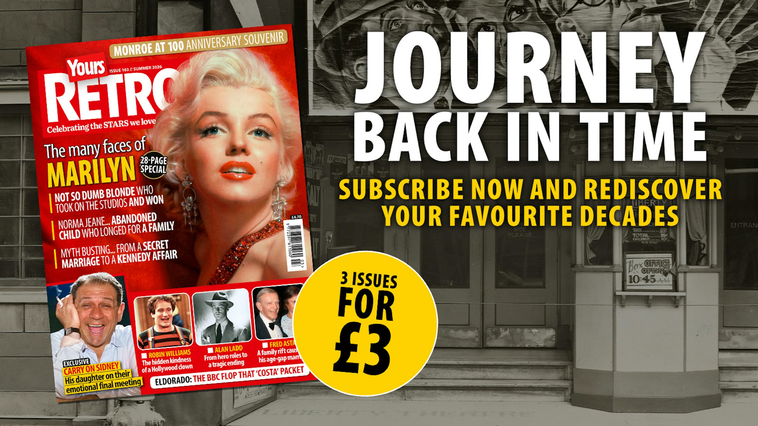 Journey back in time with a Yours Retro subscription at 3 issues for £3. (Magazine cover shows Marilyn Monroe).