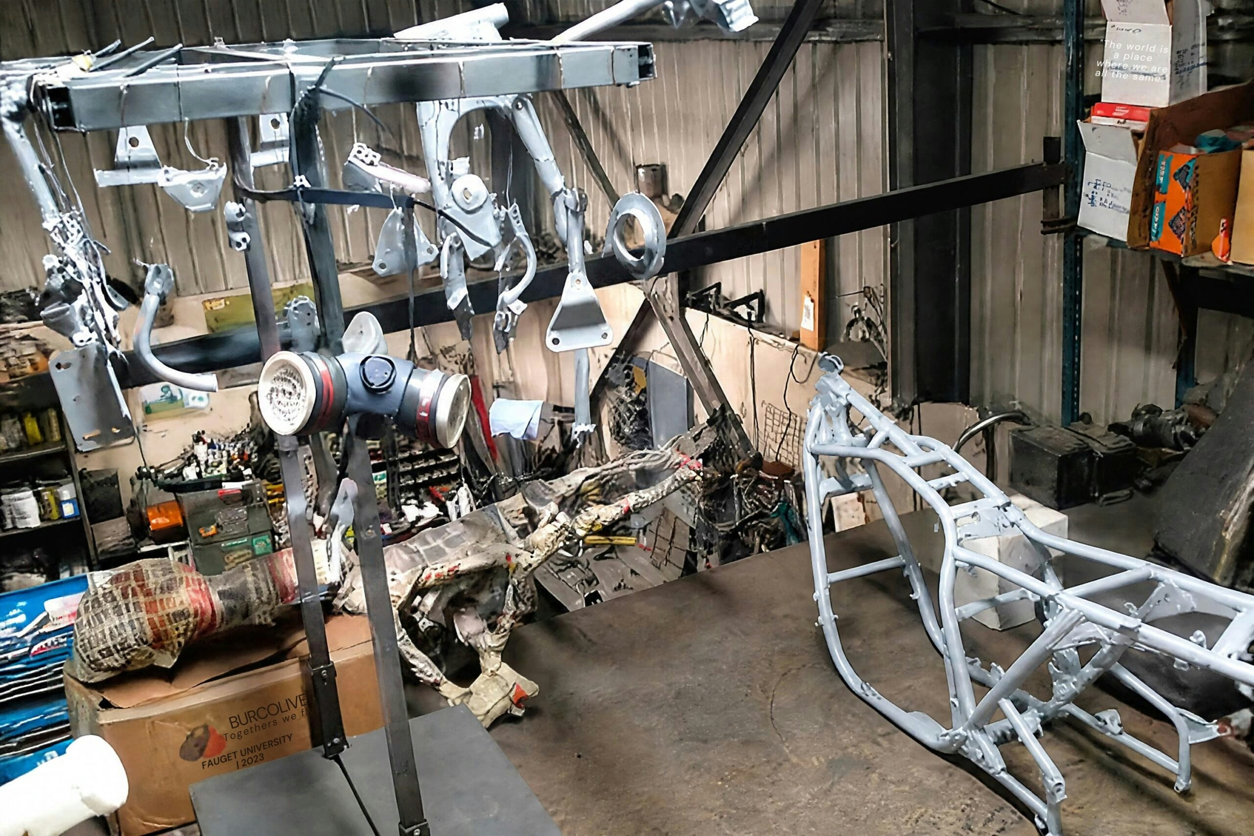Motorcycle frame and components hanging during powder-coating preparation in a restoration workshop