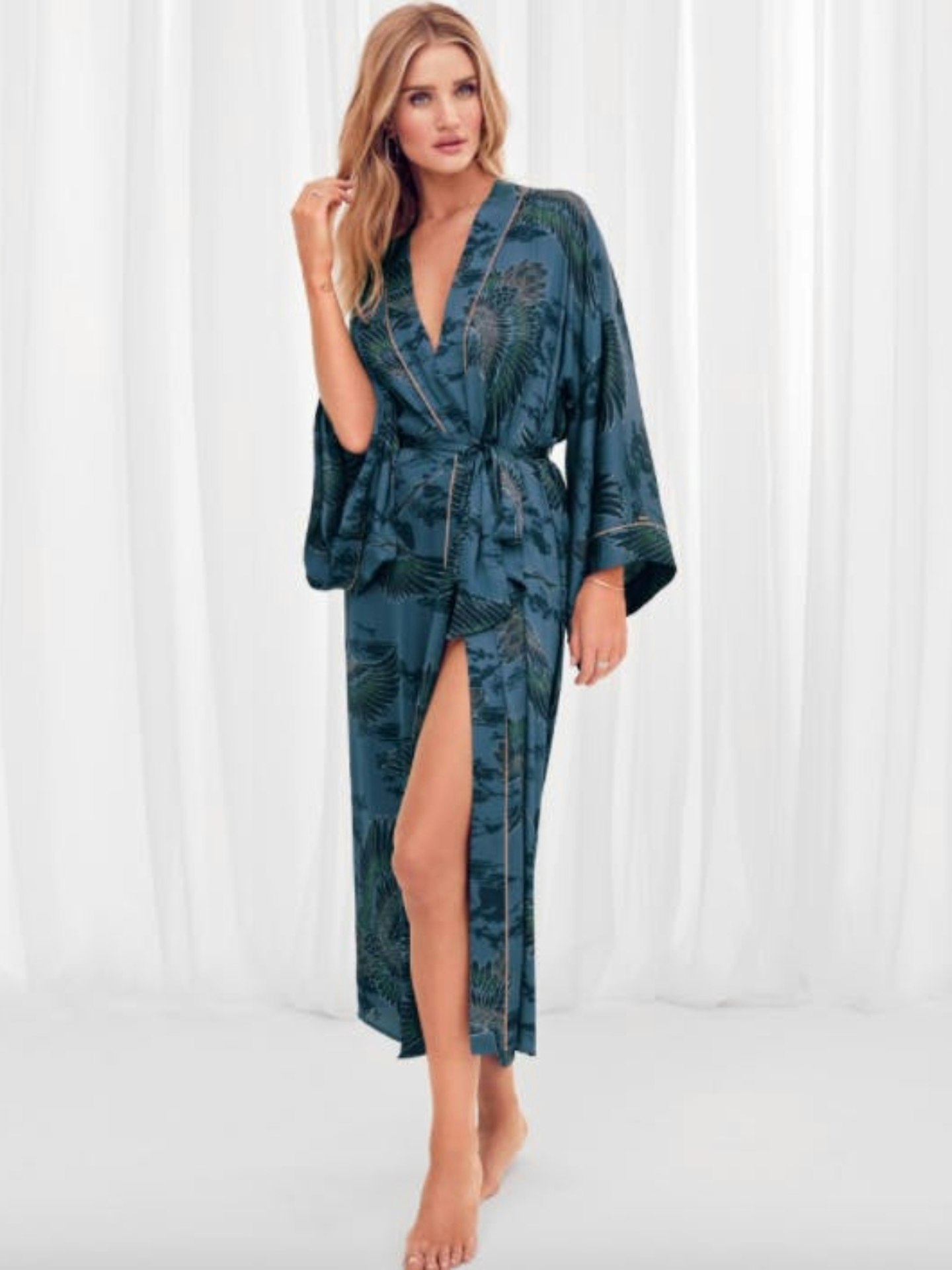 Satin Crane Print Long Dressing Gown