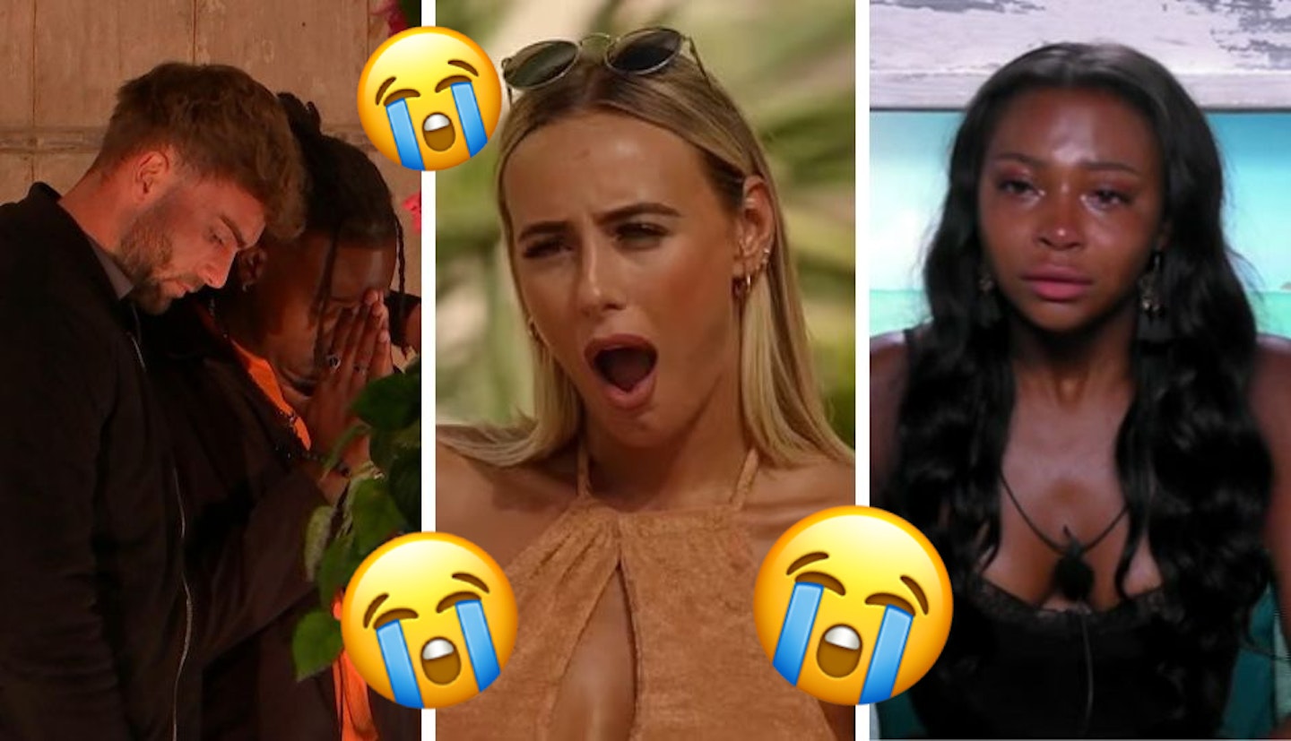 Shaq crying in the Love Island villa, Millie looking shocked and Samira crying in the Beach Hut