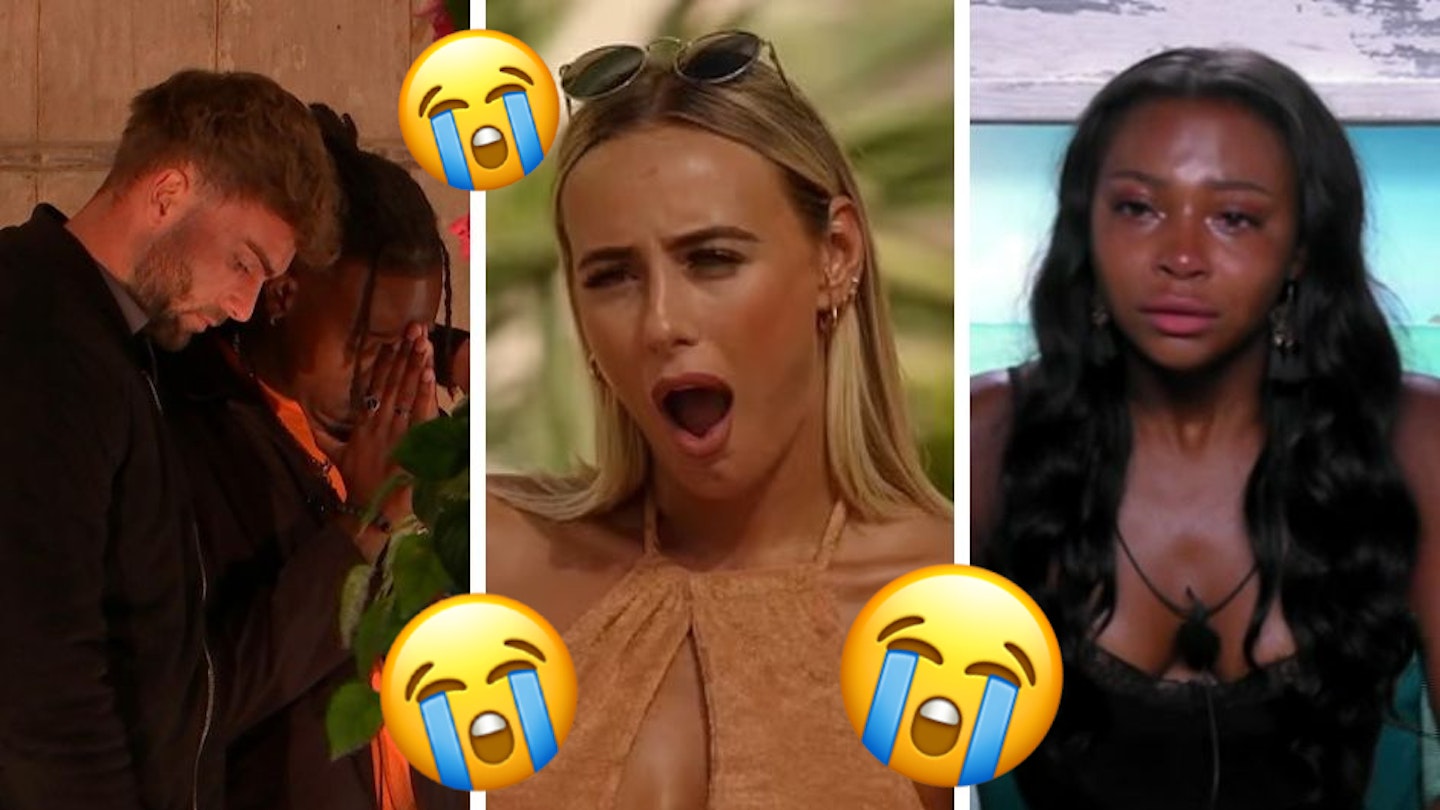 Shaq crying in the Love Island villa, Millie looking shocked and Samira crying in the Beach Hut