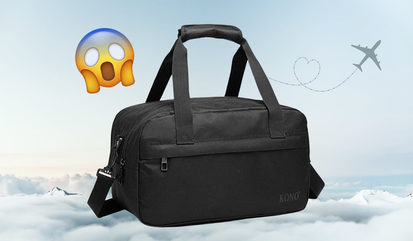 kono luggage bag on sky background with shock emoji