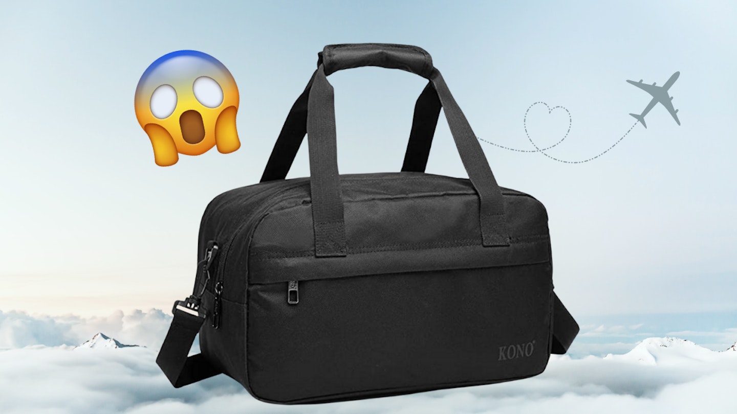 kono luggage bag on sky background with shock emoji
