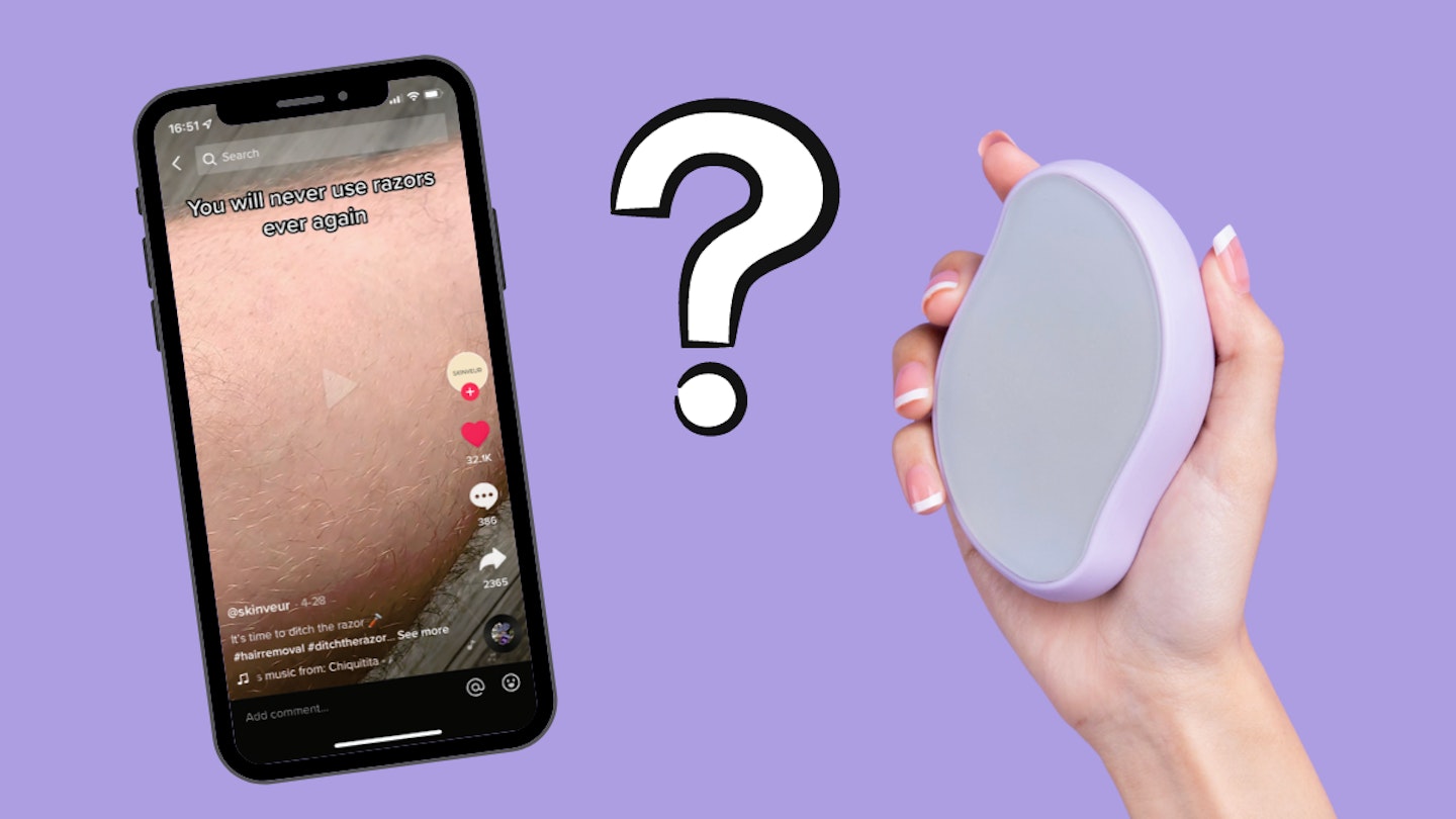 picture of person holding hair removal stone with tiktok on phone, question mark in middle