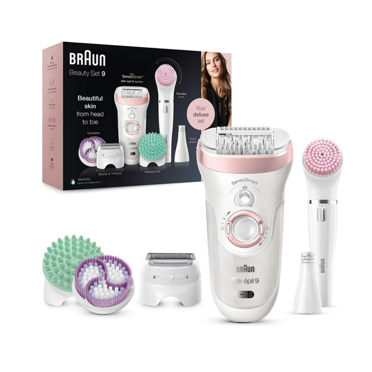 Braun Beauty Set, Epilator for Hair Removal, 7 In 1, Includes Lady Shaver, Face Epilator & Exfoliator, Gifts for Women, UK 2 Pin Plug, 9-985, White/Pink